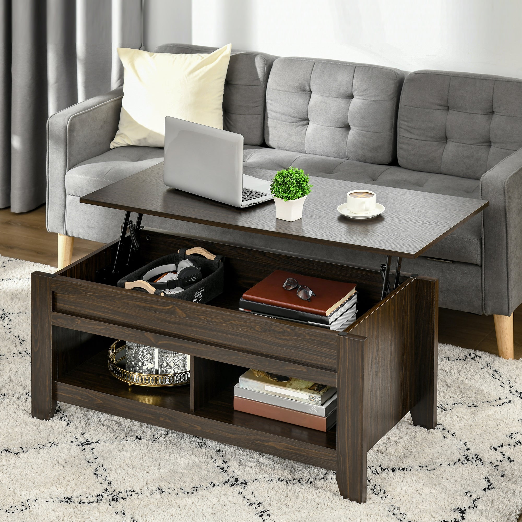 HOMCOM Lift Top Coffee Table with Hidden Storage Compartment and Open Shelves, Lift Tabletop Pop-Up Center Table for Living Room, Dark Walnut