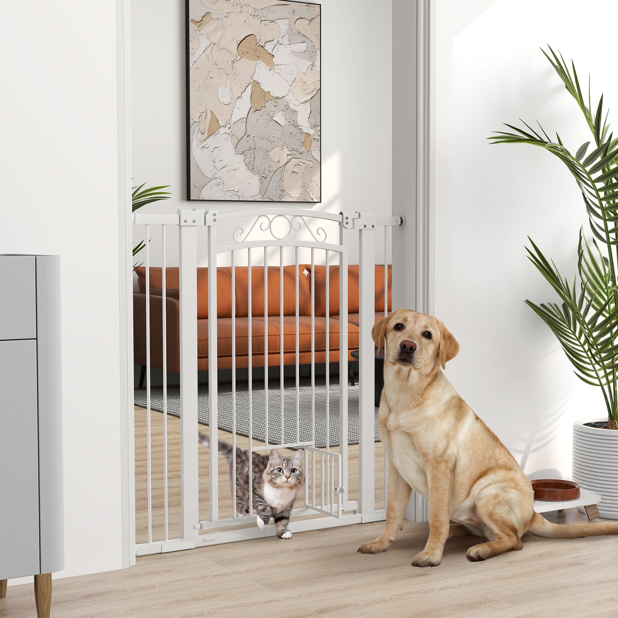 PawHut Dog Gate, Walk Through Pet Gate with Small Pet Door, Auto Close, for Doorways, House, Stair, 2 Extension Kits, Pressure Mount Kit, 30