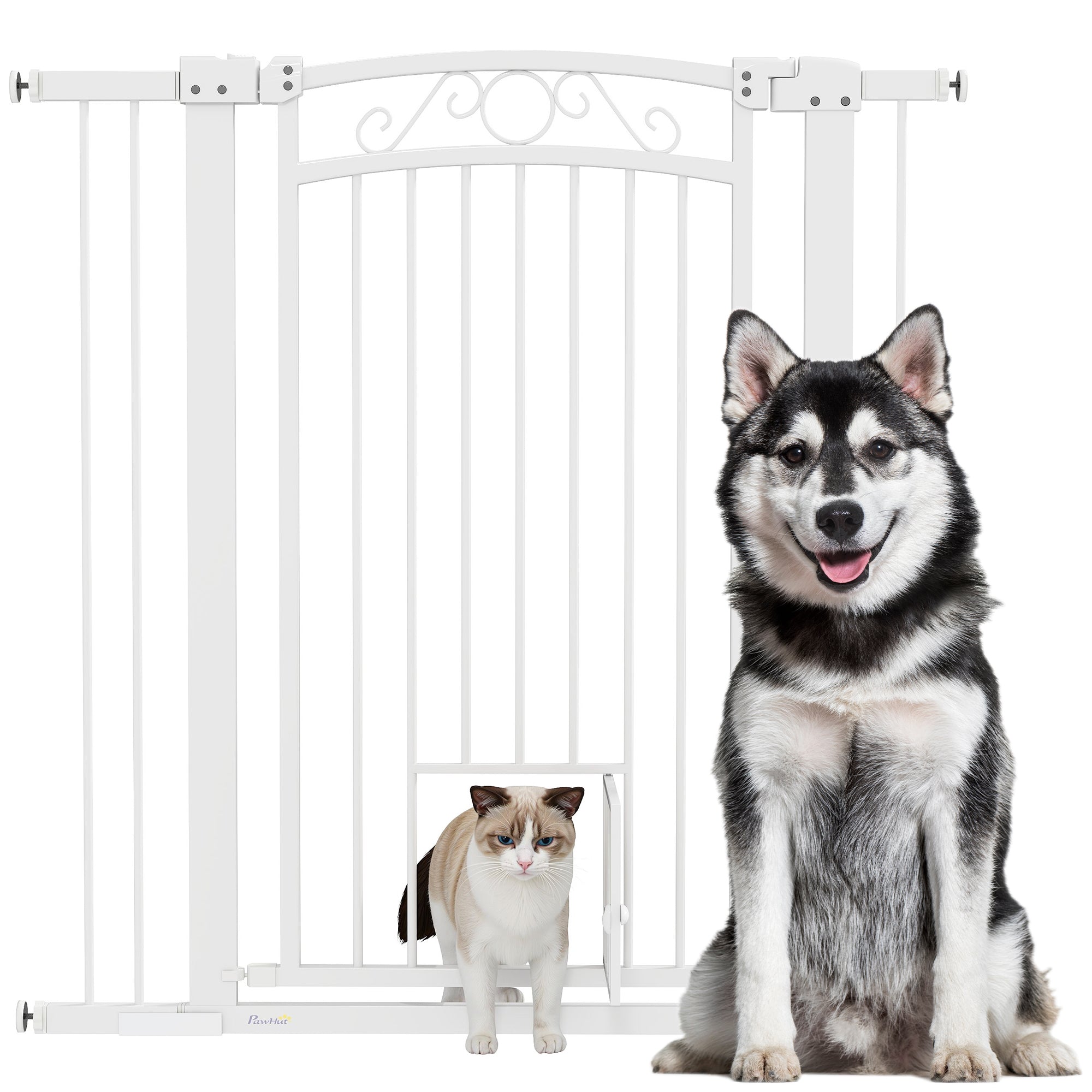 PawHut Dog Gate, Walk Through Pet Gate with Small Pet Door, Auto Close, for Doorways, House, Stair, 2 Extension Kits, Pressure Mount Kit, 30"-41" W x 42" H