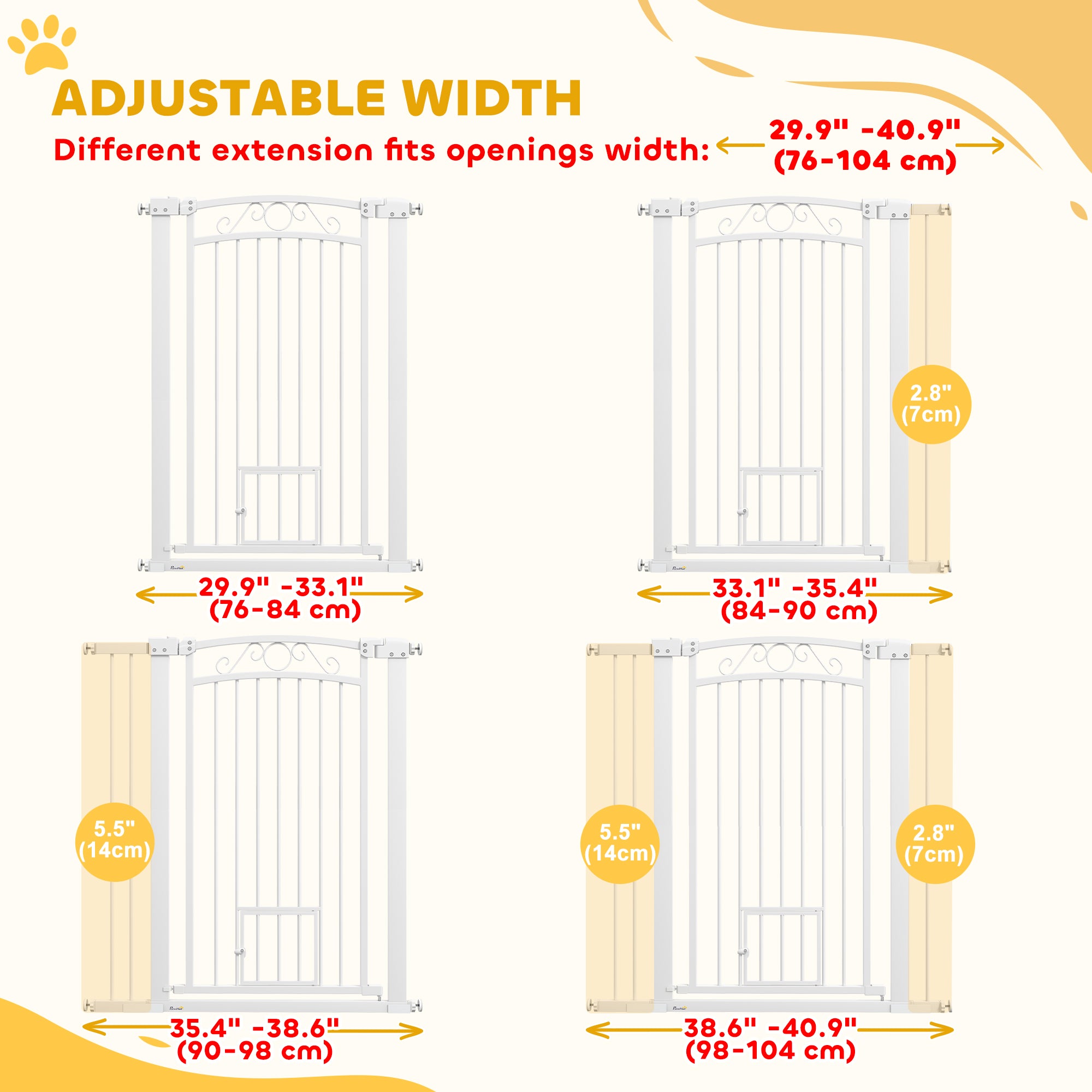 PawHut Dog Gate, Walk Through Pet Gate with Small Pet Door, Auto Close, for Doorways, House, Stair, 2 Extension Kits, Pressure Mount Kit, 30"-41" W x 42" H