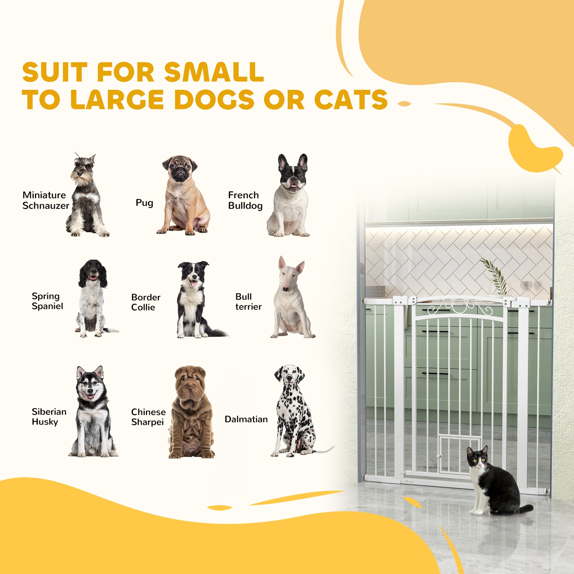 PawHut Dog Gate, Walk Through Pet Gate with Small Pet Door, Auto Close, for Doorways, House, Stair, 2 Extension Kits, Pressure Mount Kit, 30