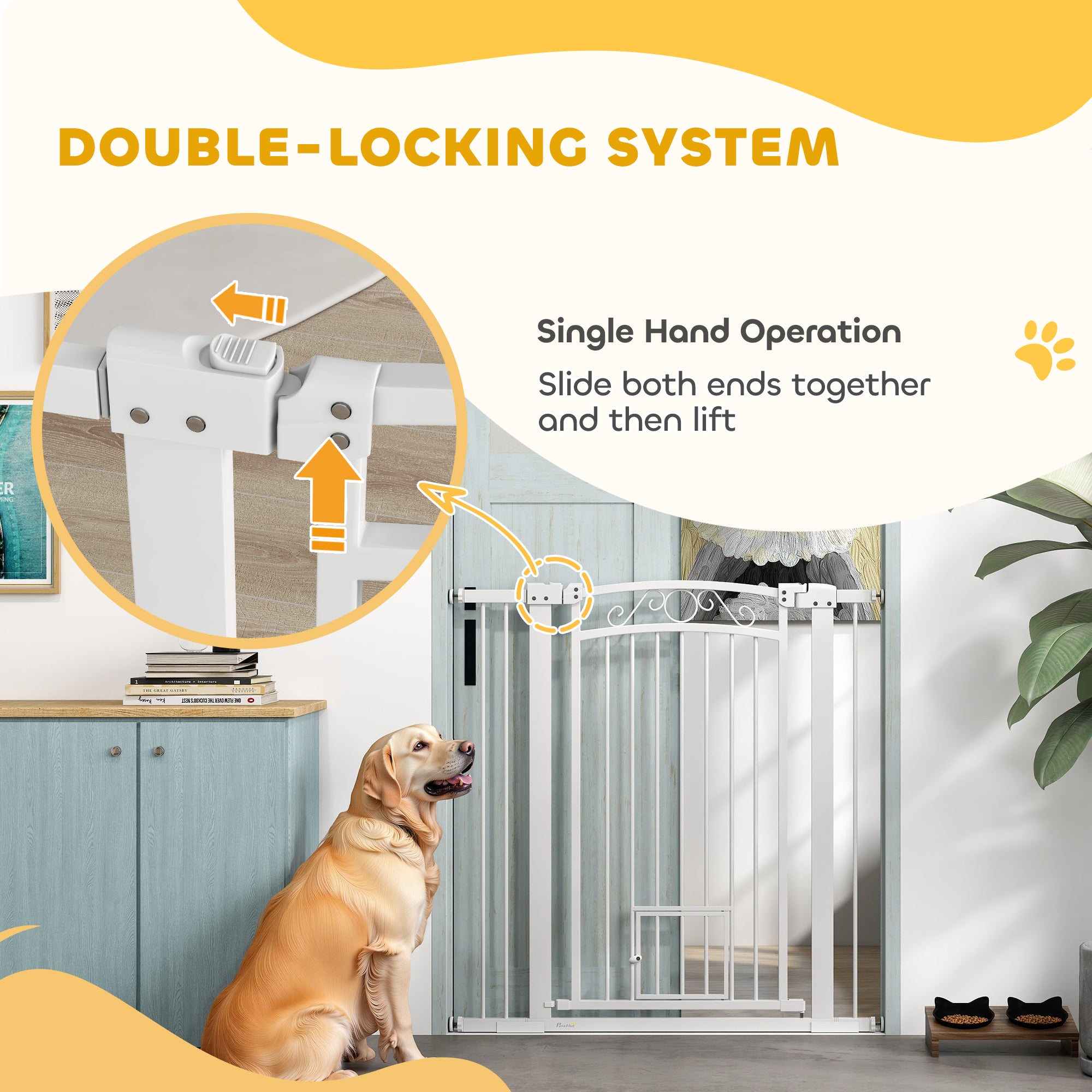 PawHut Dog Gate, Walk Through Pet Gate with Small Pet Door, Auto Close, for Doorways, House, Stair, 2 Extension Kits, Pressure Mount Kit, 30"-41" W x 42" H