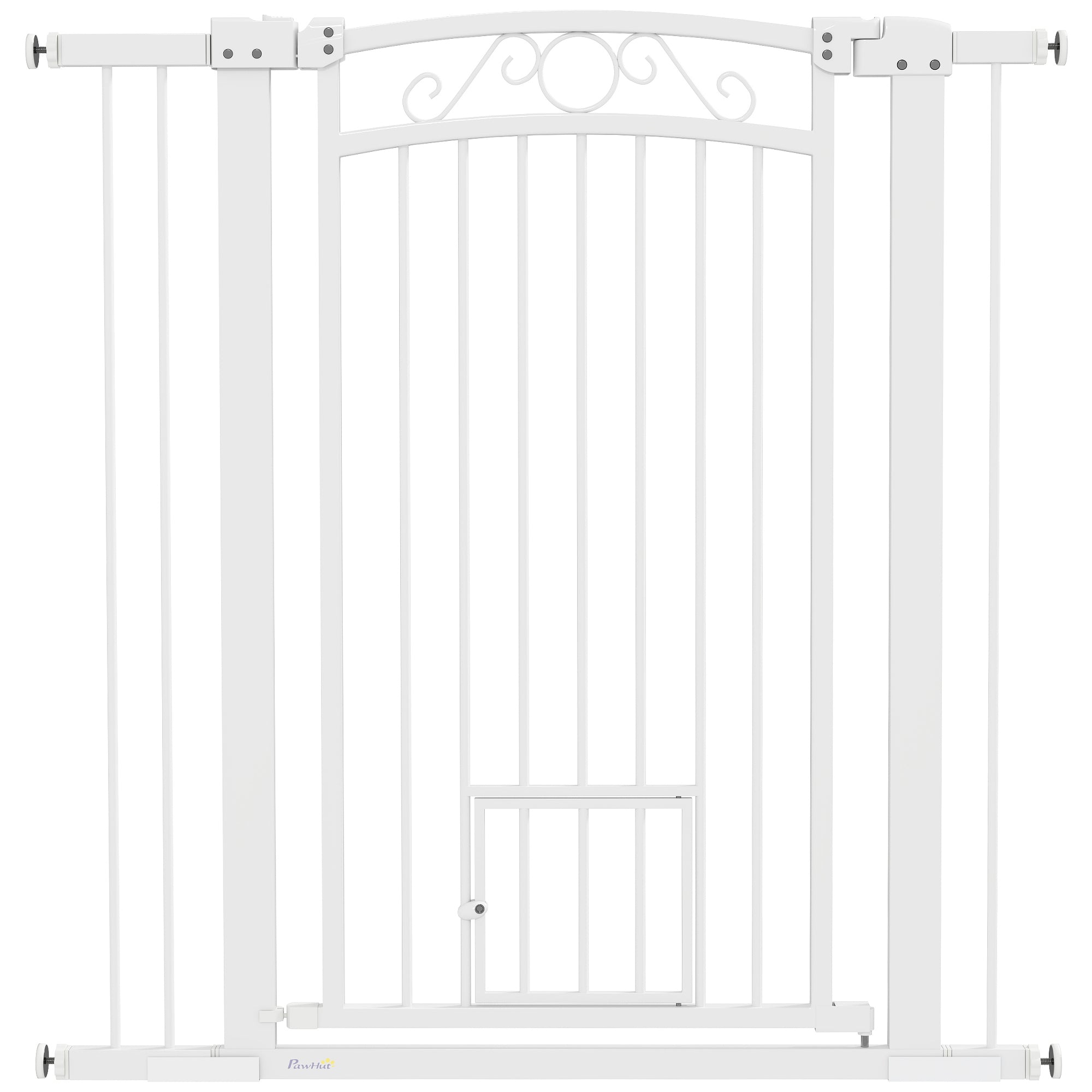 PawHut Dog Gate, Walk Through Pet Gate with Small Pet Door, Auto Close, for Doorways, House, Stair, 2 Extension Kits, Pressure Mount Kit, 30"-41" W x 42" H