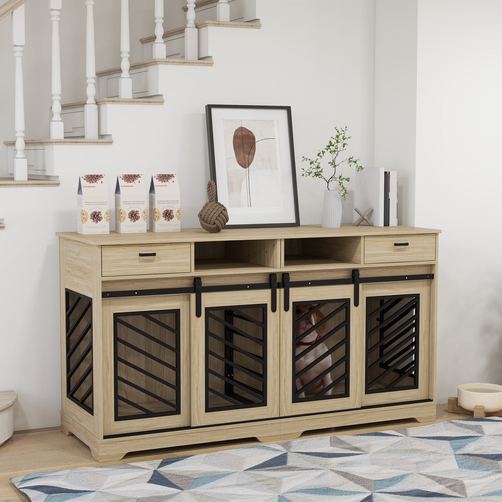 PawHut Double Dog Crate Furniture with Removable Divider for 2 Medium Dogs or 1 Large Dog, 66" Modern Dog Kennel Furniture End Table with Storage Drawers, Double Doors, Oak