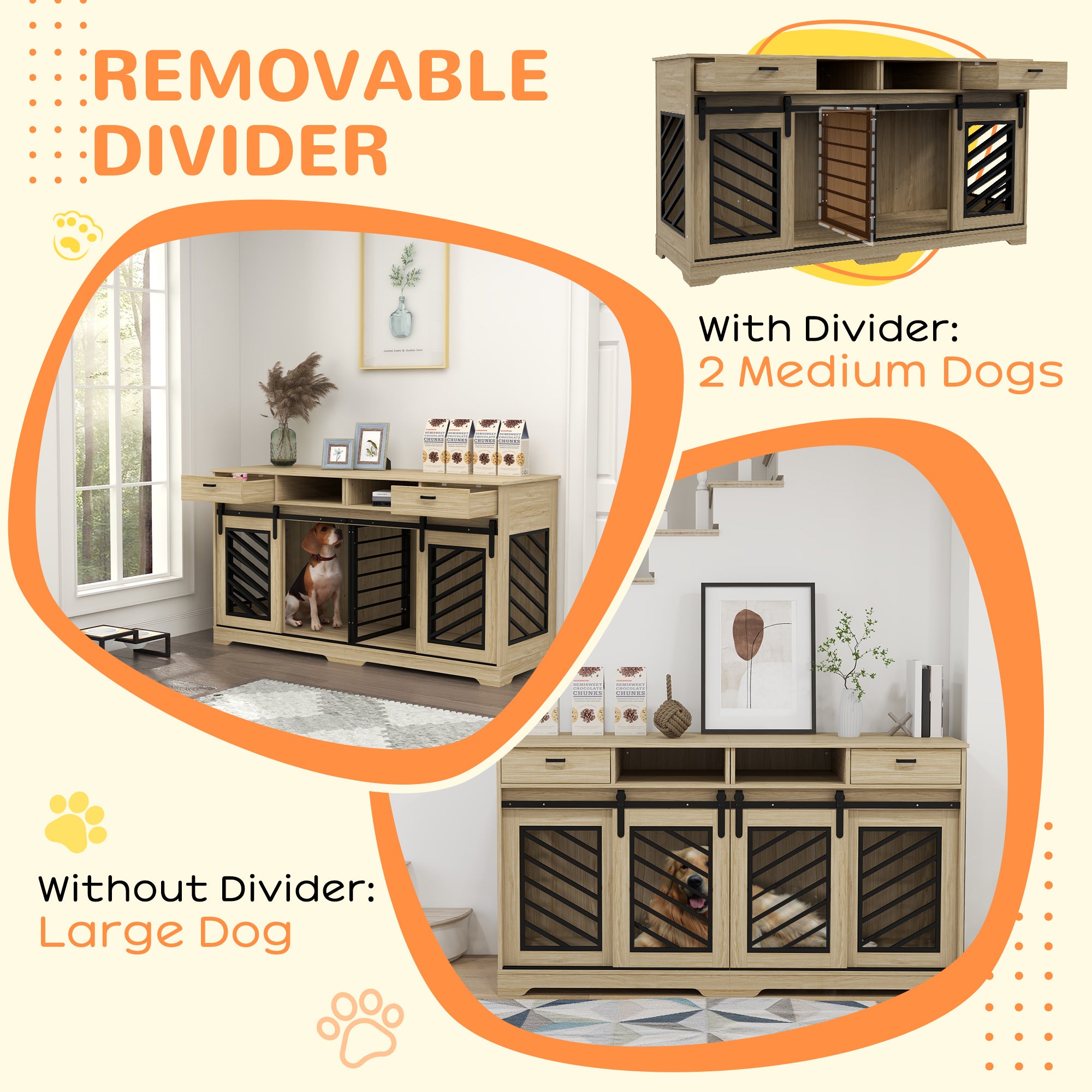 PawHut Double Dog Crate Furniture with Removable Divider for 2 Medium Dogs or 1 Large Dog, 66" Modern Dog Kennel Furniture End Table with Storage Drawers, Double Doors, Oak