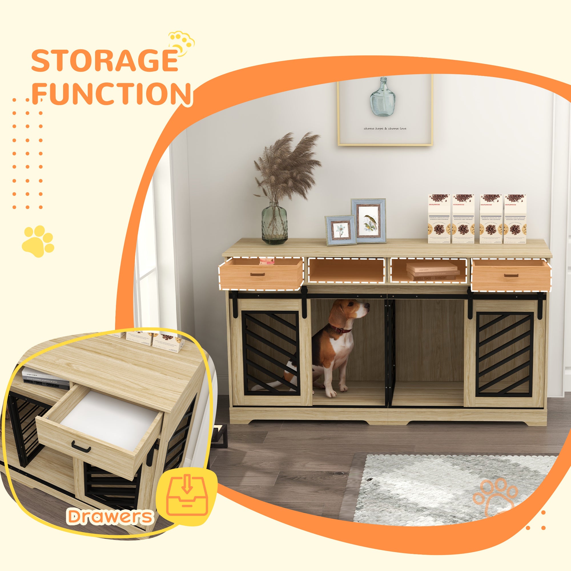 PawHut Double Dog Crate Furniture with Removable Divider for 2 Medium Dogs or 1 Large Dog, 66" Modern Dog Kennel Furniture End Table with Storage Drawers, Double Doors, Oak