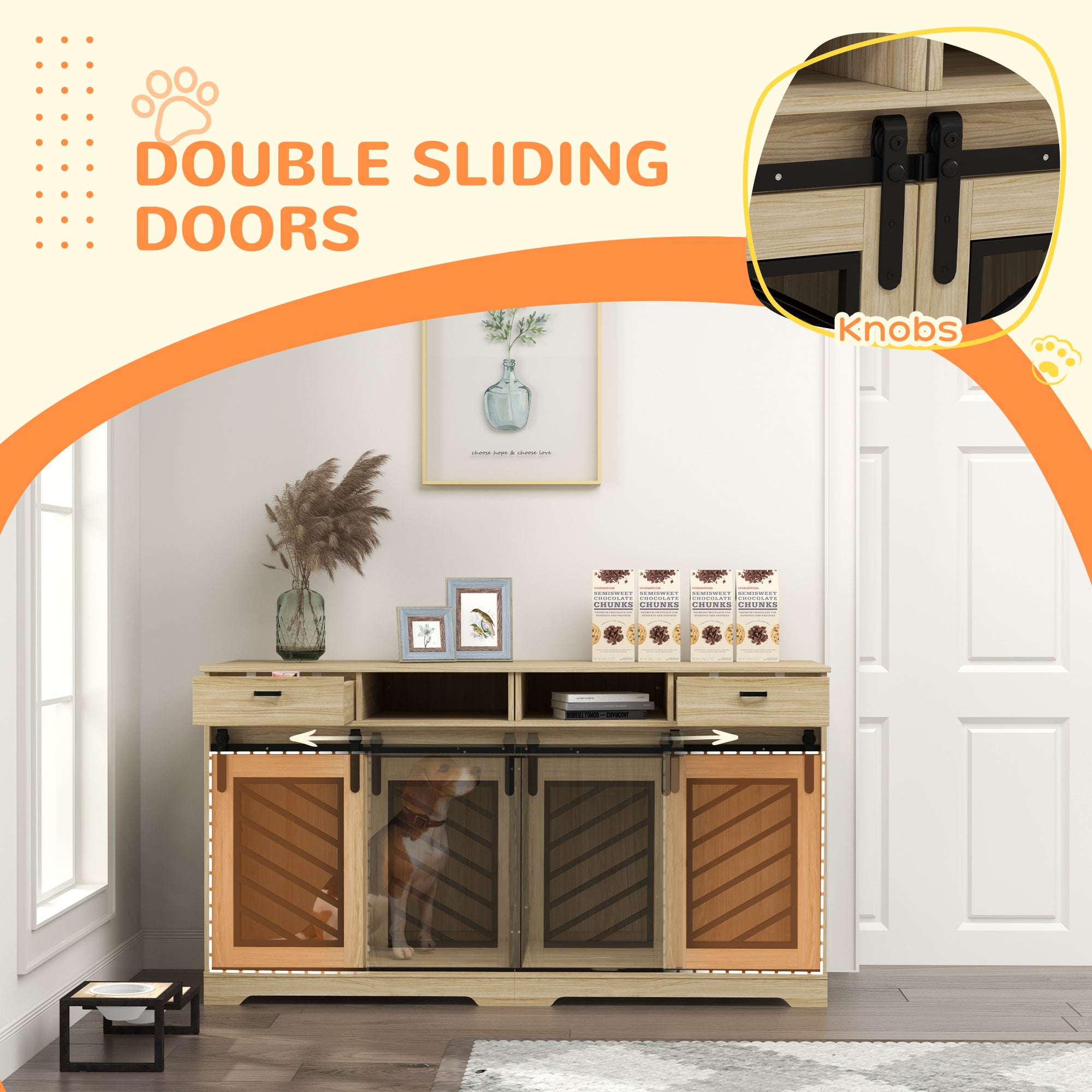 PawHut Double Dog Crate Furniture with Removable Divider for 2 Medium Dogs or 1 Large Dog, 66" Modern Dog Kennel Furniture End Table with Storage Drawers, Double Doors, Oak