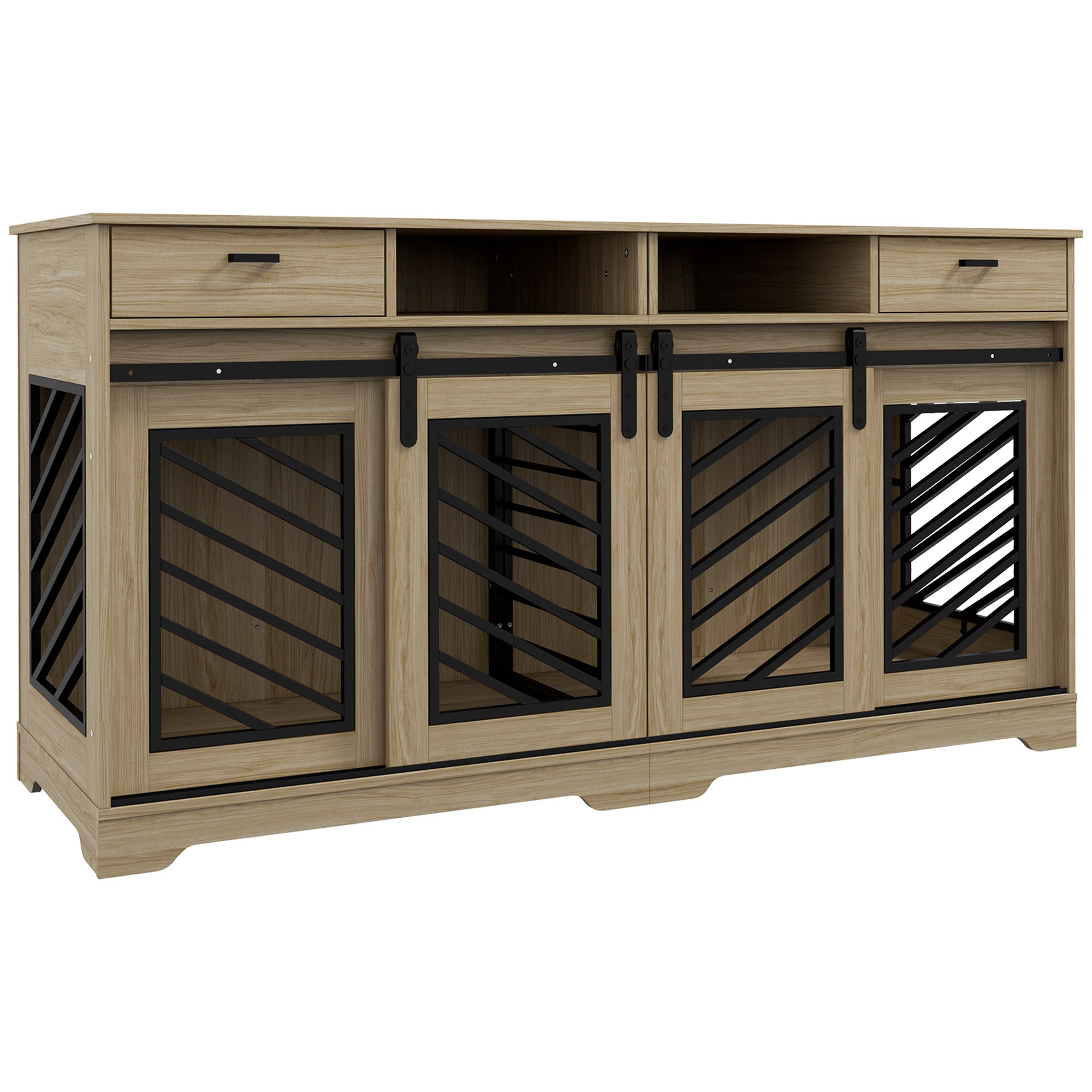 PawHut Double Dog Crate Furniture with Removable Divider for 2 Medium Dogs or 1 Large Dog, 66" Modern Dog Kennel Furniture End Table with Storage Drawers, Double Doors, Oak