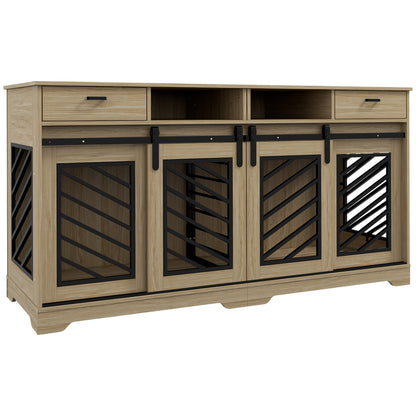 PawHut Double Dog Crate Furniture with Removable Divider for 2 Medium Dogs or 1 Large Dog, 66" Modern Dog Kennel Furniture End Table with Storage Drawers, Double Doors, Oak