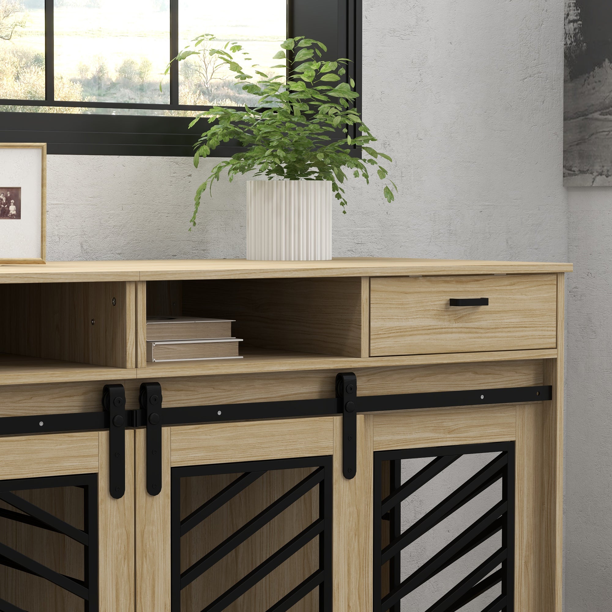 PawHut Double Dog Crate Furniture with Removable Divider for 2 Medium Dogs or 1 Large Dog, 66" Modern Dog Kennel Furniture End Table with Storage Drawers, Double Doors, Oak