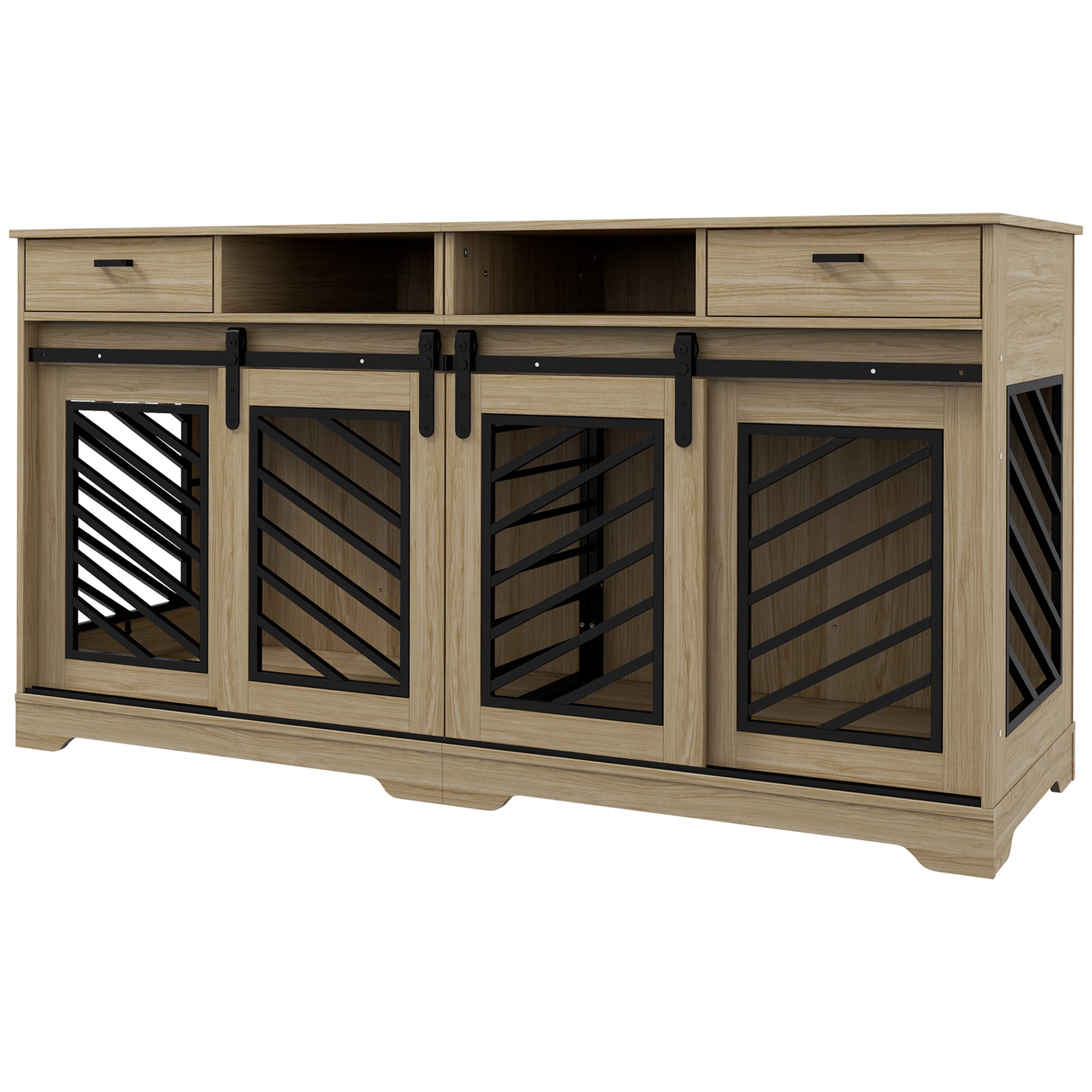 PawHut Double Dog Crate Furniture with Removable Divider for 2 Medium Dogs or 1 Large Dog, 66" Modern Dog Kennel Furniture End Table with Storage Drawers, Double Doors, Oak