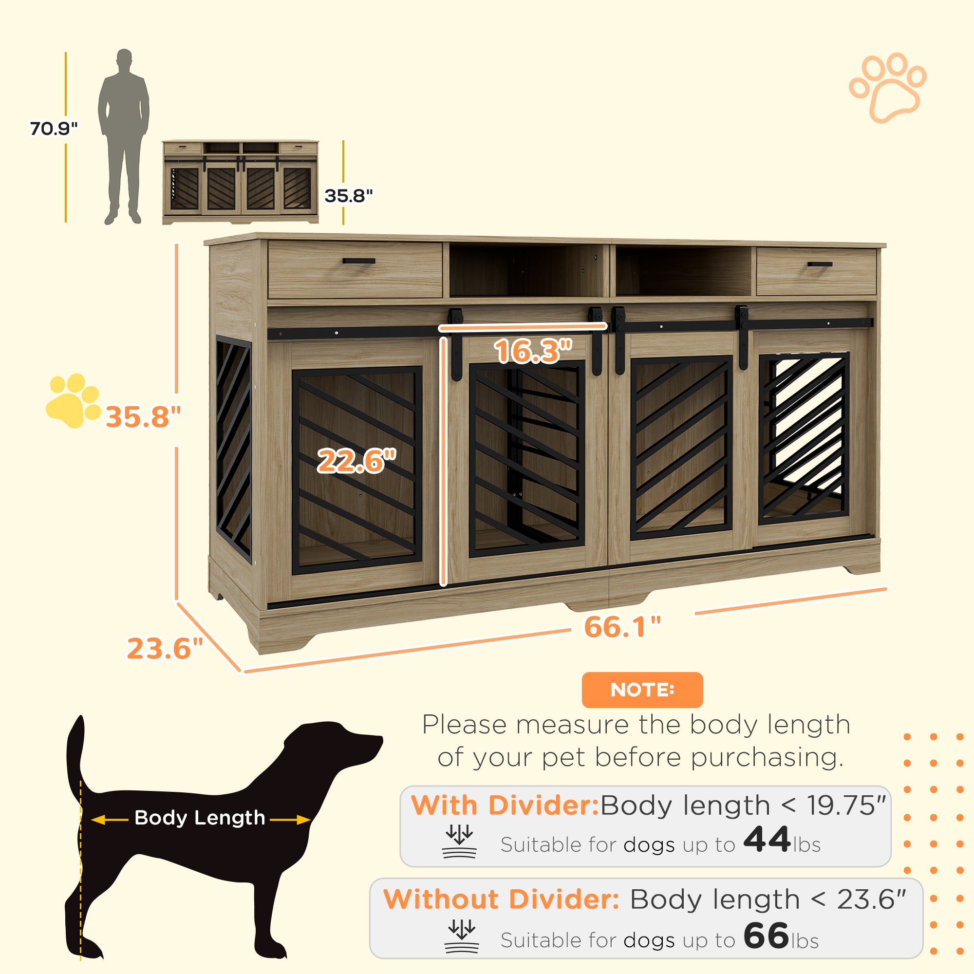 PawHut Double Dog Crate Furniture with Removable Divider for 2 Medium Dogs or 1 Large Dog, 66" Modern Dog Kennel Furniture End Table with Storage Drawers, Double Doors, Oak