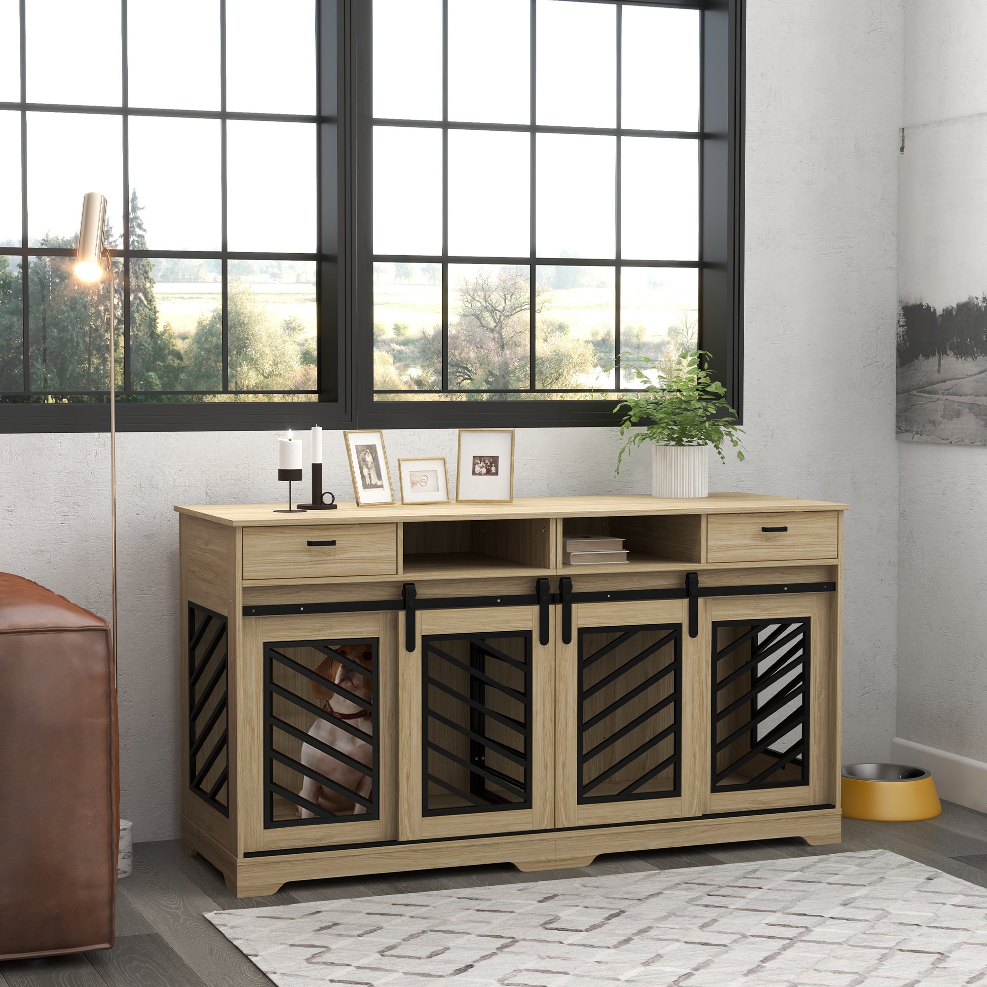 PawHut Double Dog Crate Furniture with Removable Divider for 2 Medium Dogs or 1 Large Dog, 66" Modern Dog Kennel Furniture End Table with Storage Drawers, Double Doors, Oak