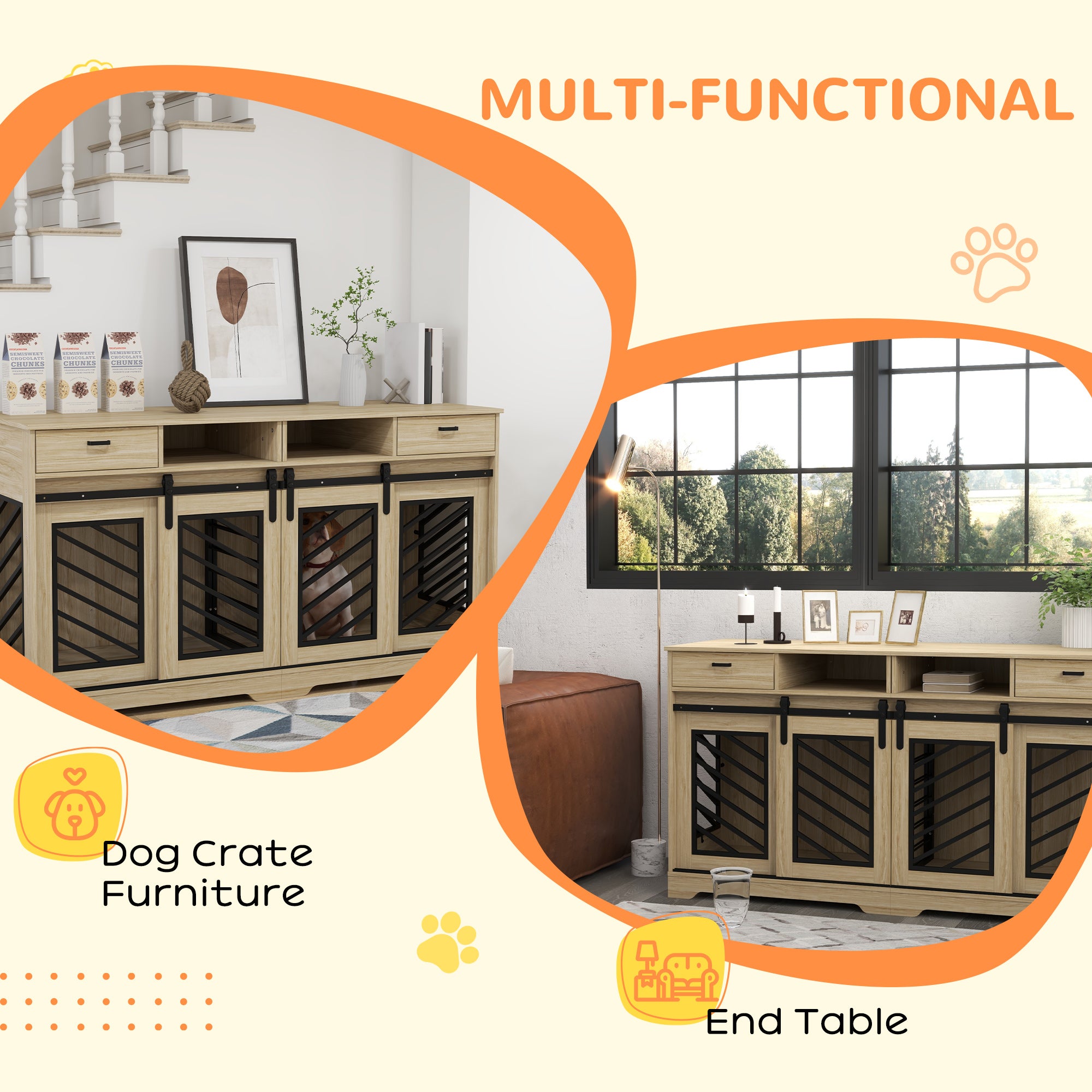 PawHut Double Dog Crate Furniture with Removable Divider for 2 Medium Dogs or 1 Large Dog, 66" Modern Dog Kennel Furniture End Table with Storage Drawers, Double Doors, Oak