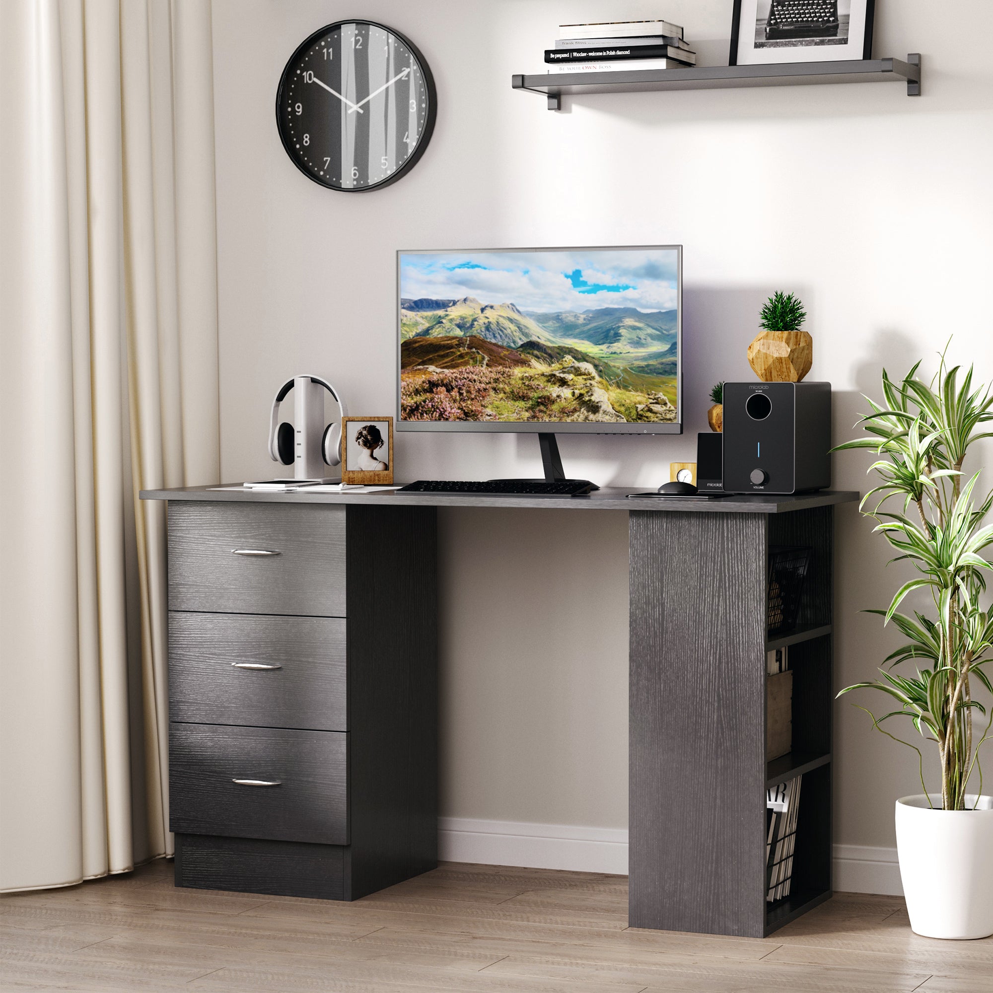 HOMCOM Computer Desk with 3-Tier Storage Shelves, 47 Inches Home Office Desk  with Drawers, Study Writing Table, Black