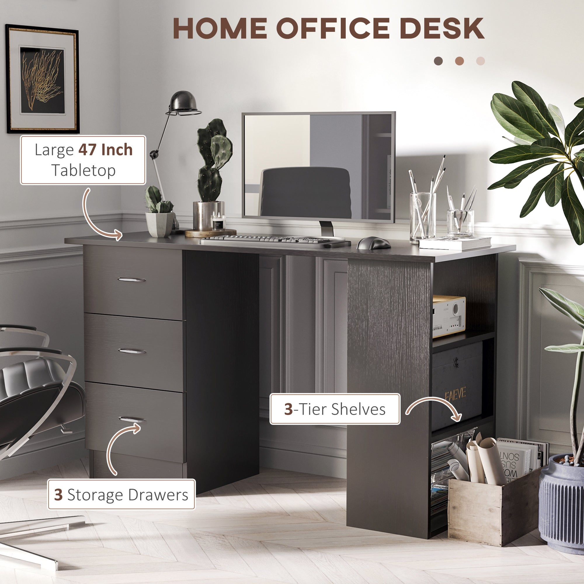 HOMCOM Computer Desk with 3-Tier Storage Shelves, 47 Inches Home Office Desk  with Drawers, Study Writing Table, Black