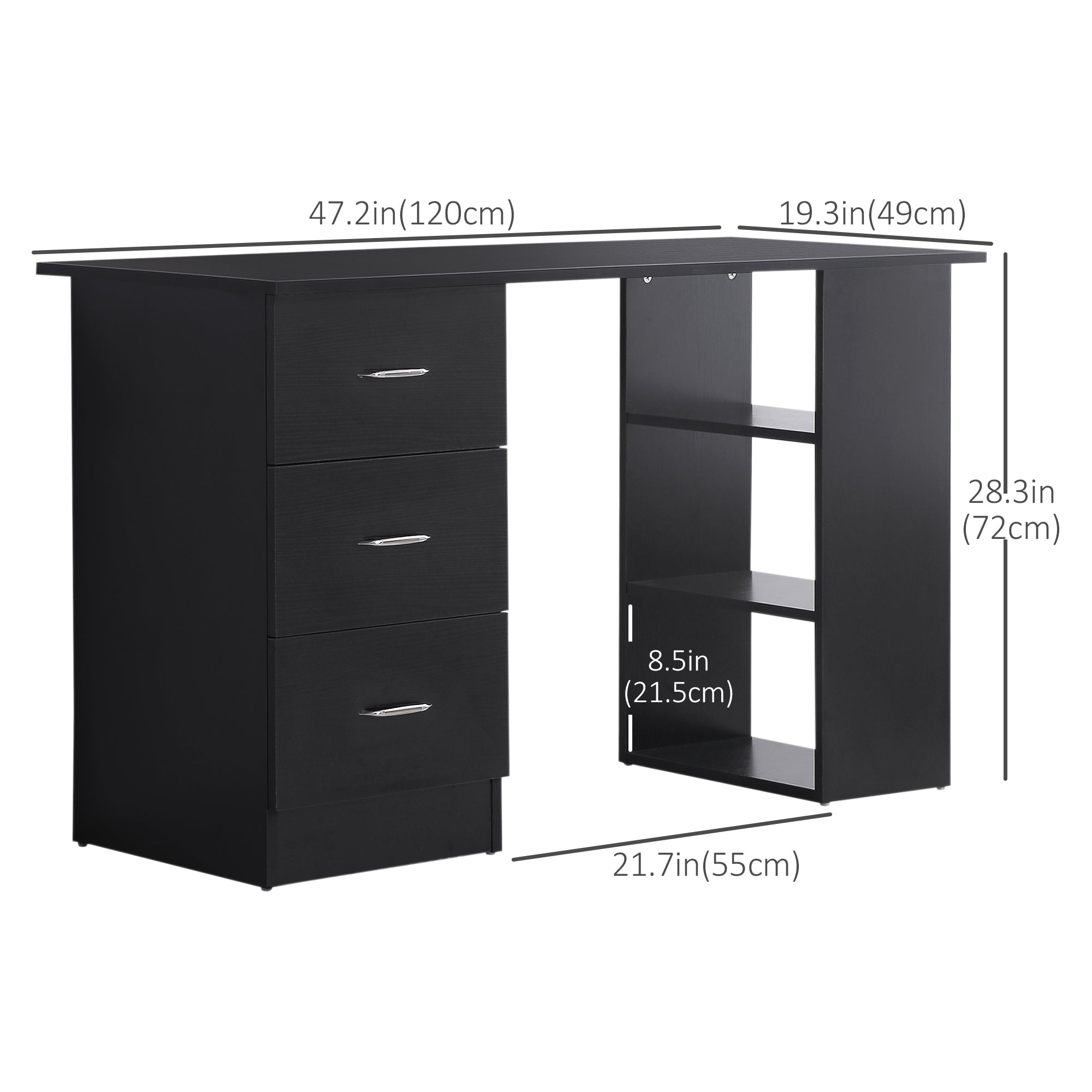 HOMCOM Computer Desk with 3-Tier Storage Shelves, 47 Inches Home Office Desk  with Drawers, Study Writing Table, Black