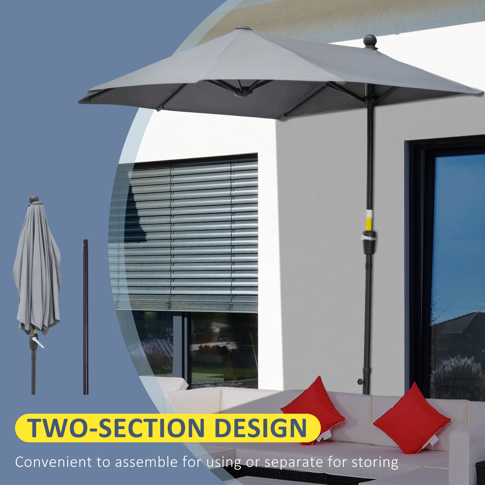Outsunny 6.6 x 6ft Patio Umbrella with Double-Sided Canopy, Outdoor Market Half Parasol Sun Shade with Crank Handle and Cross Base for Garden, Balcony, Dark Grey