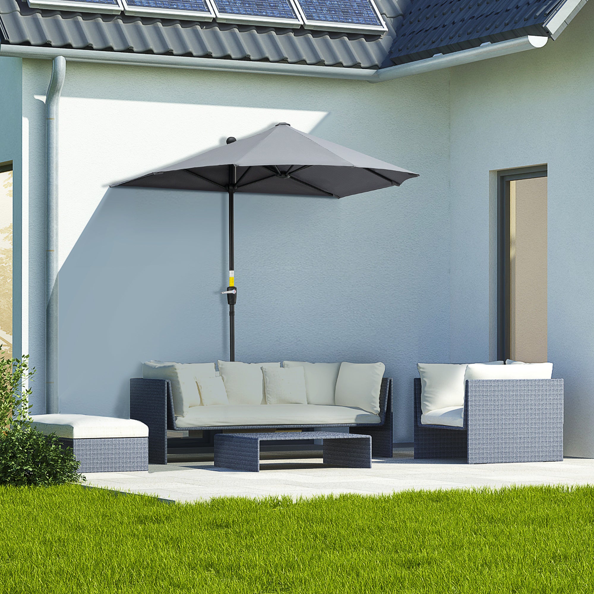 Outsunny 6.6 x 6ft Patio Umbrella with Double-Sided Canopy, Outdoor Market Half Parasol Sun Shade with Crank Handle and Cross Base for Garden, Balcony, Dark Grey