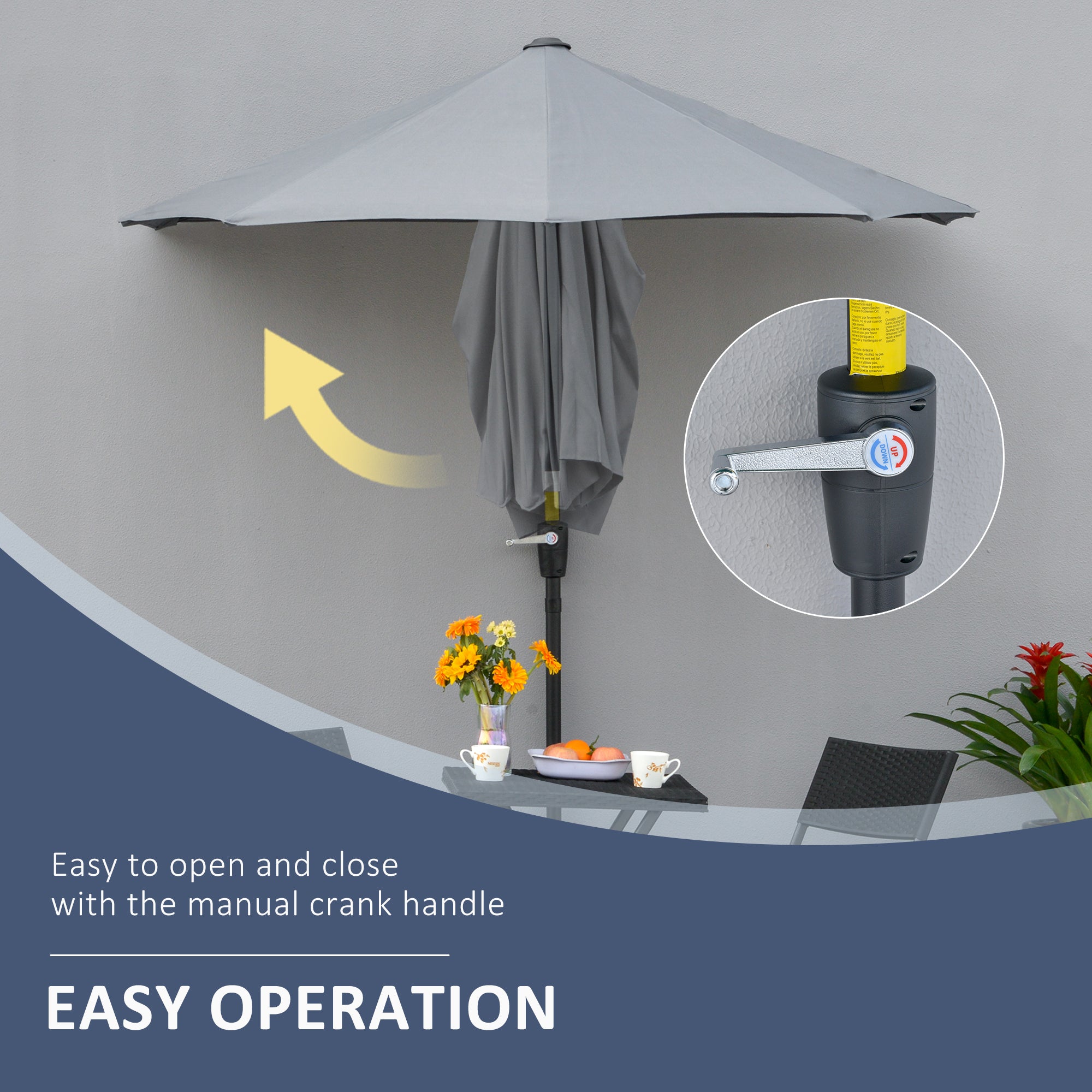 Outsunny 6.6 x 6ft Patio Umbrella with Double-Sided Canopy, Outdoor Market Half Parasol Sun Shade with Crank Handle and Cross Base for Garden, Balcony, Dark Grey
