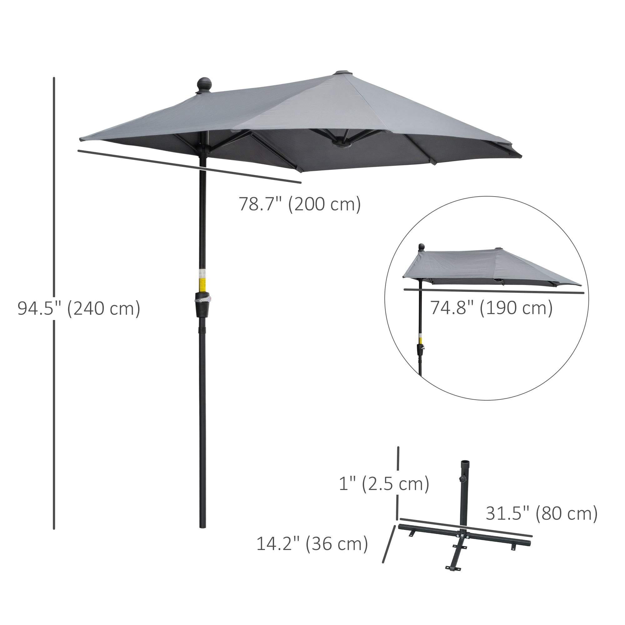 Outsunny 6.6 x 6ft Patio Umbrella with Double-Sided Canopy, Outdoor Market Half Parasol Sun Shade with Crank Handle and Cross Base for Garden, Balcony, Dark Grey