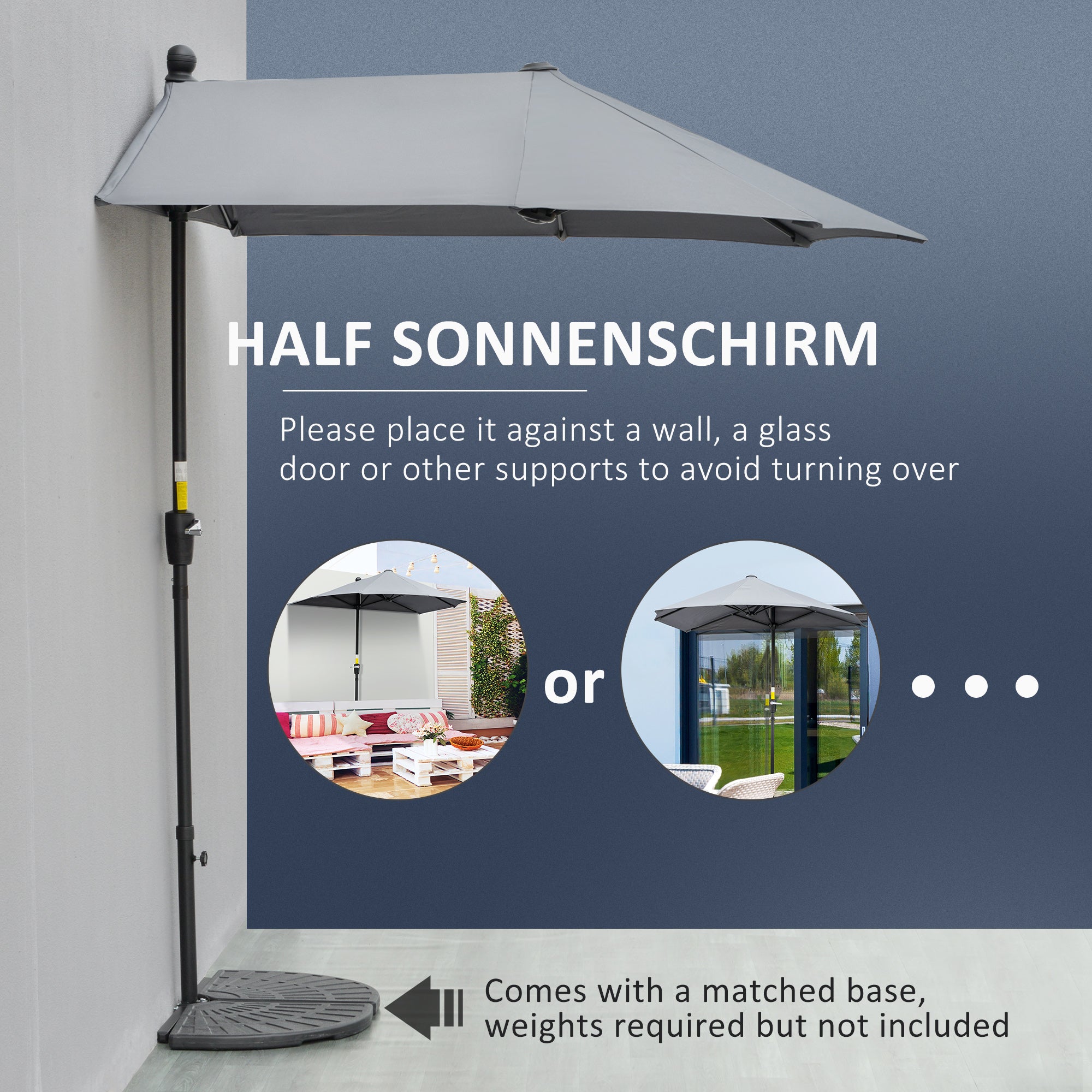 Outsunny 6.6 x 6ft Patio Umbrella with Double-Sided Canopy, Outdoor Market Half Parasol Sun Shade with Crank Handle and Cross Base for Garden, Balcony, Dark Grey