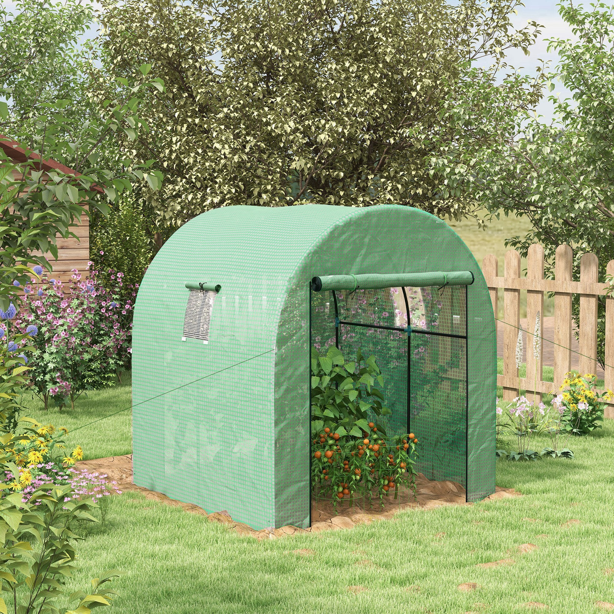 Outsunny 6' x 6' x 6.6' Tunnel Greenhouse with Doors and Mesh Windows, Walk-in Green House with UV-resistant PE Cover and Steel Frame, Garden Plants Growing Warm House Tent, Green