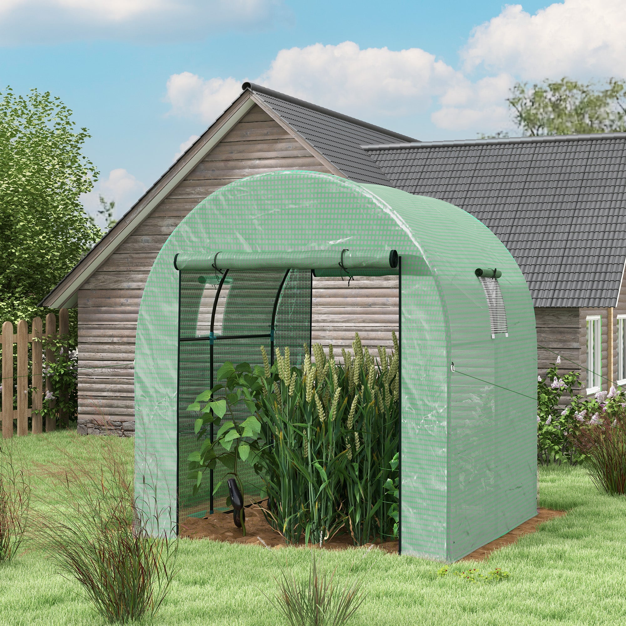 Outsunny 6' x 6' x 6.6' Tunnel Greenhouse with Doors and Mesh Windows, Walk-in Green House with UV-resistant PE Cover and Steel Frame, Garden Plants Growing Warm House Tent, Green