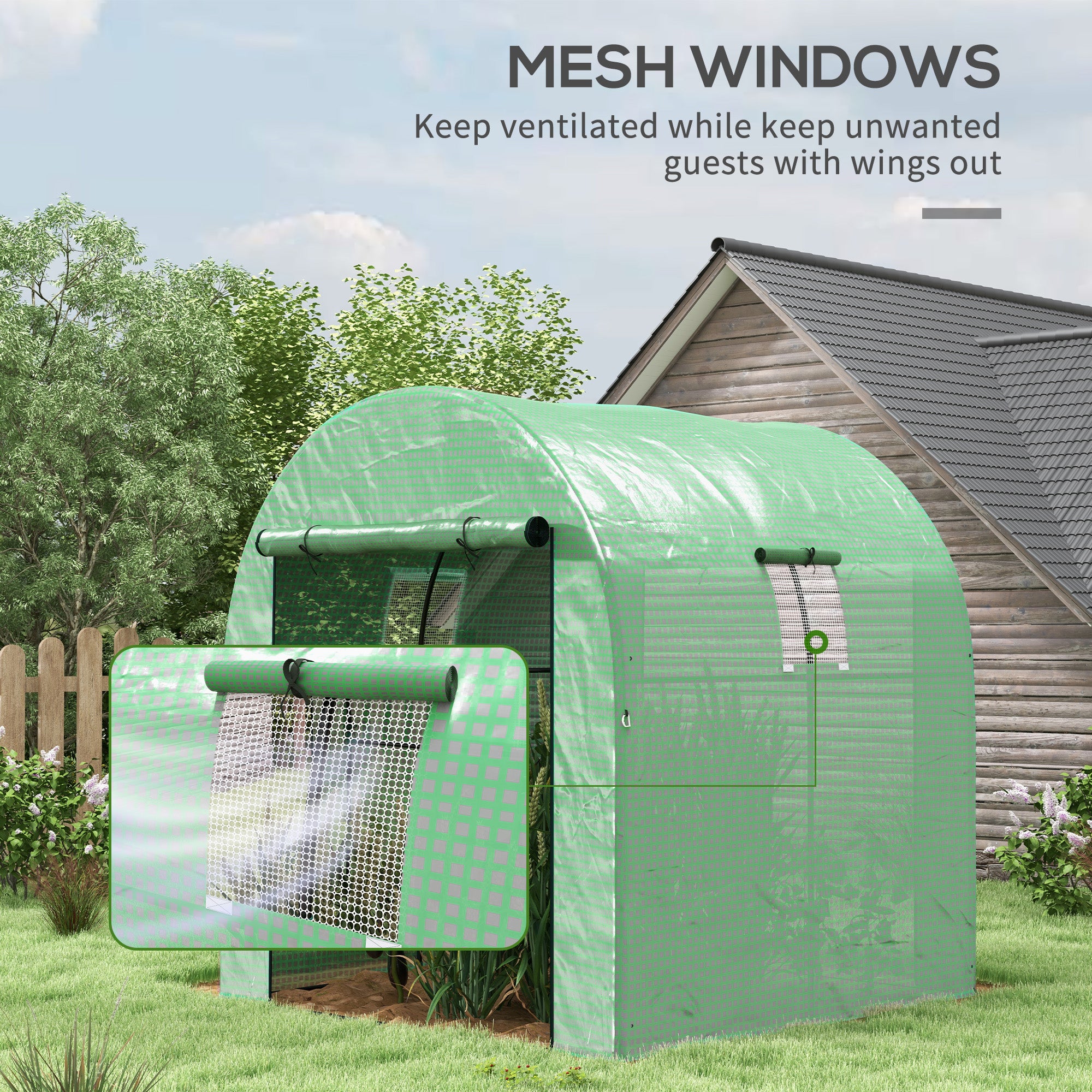 Outsunny 6' x 6' x 6.6' Tunnel Greenhouse with Doors and Mesh Windows, Walk-in Green House with UV-resistant PE Cover and Steel Frame, Garden Plants Growing Warm House Tent, Green