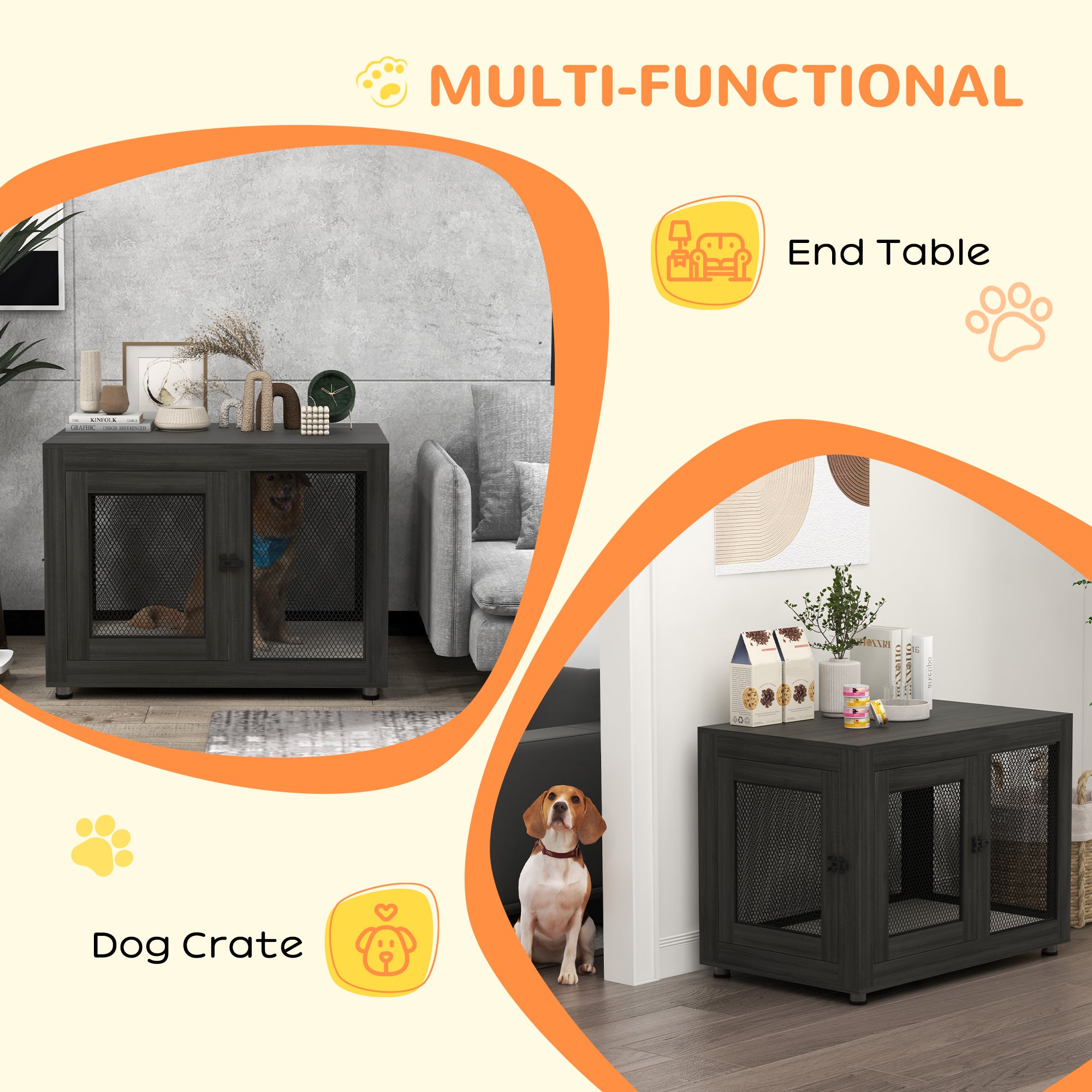 PawHut 37" Double-Door Dog Crate Furniture for Large Medium Dogs, Pet Crate End Table with Water-Resistant Cushion, Wooden Dog Cage Kennel Furniture for Indoor Use, Black