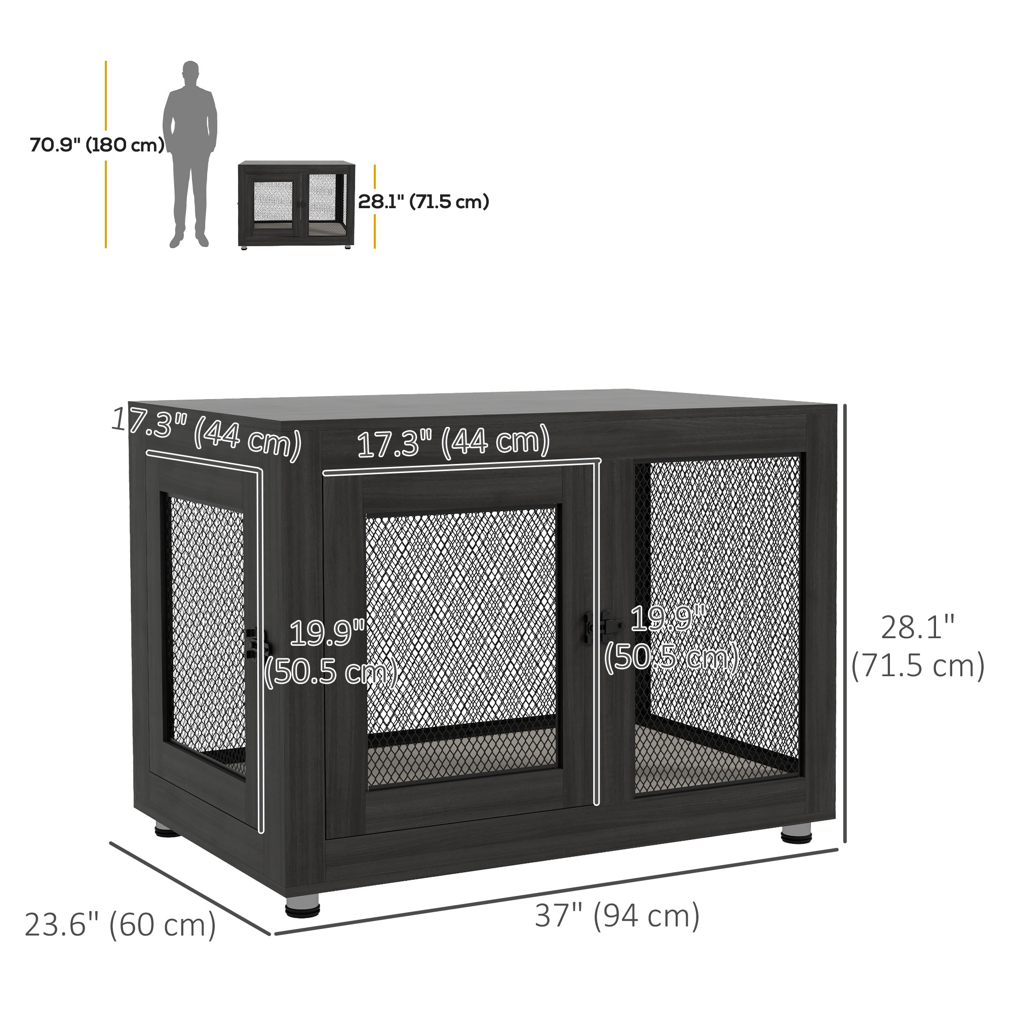 PawHut 37" Double-Door Dog Crate Furniture for Large Medium Dogs, Pet Crate End Table with Water-Resistant Cushion, Wooden Dog Cage Kennel Furniture for Indoor Use, Black