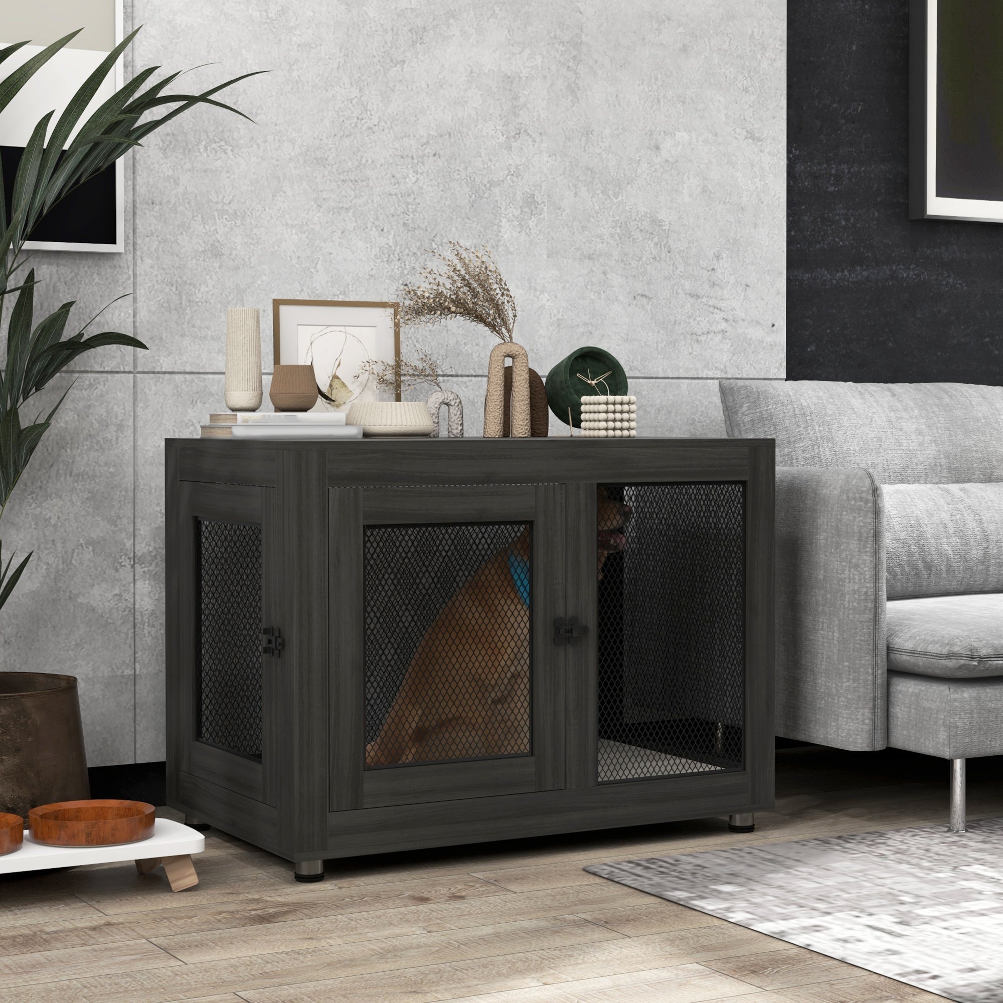 PawHut 37" Double-Door Dog Crate Furniture for Large Medium Dogs, Pet Crate End Table with Water-Resistant Cushion, Wooden Dog Cage Kennel Furniture for Indoor Use, Black