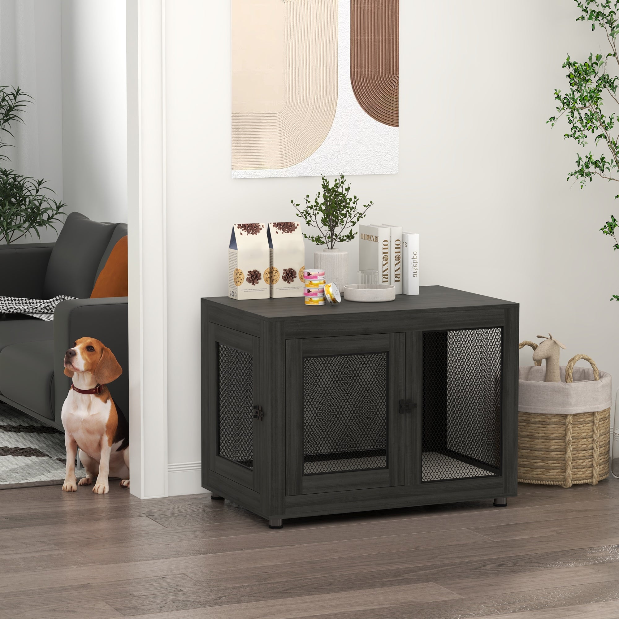 PawHut 37" Double-Door Dog Crate Furniture for Large Medium Dogs, Pet Crate End Table with Water-Resistant Cushion, Wooden Dog Cage Kennel Furniture for Indoor Use, Black