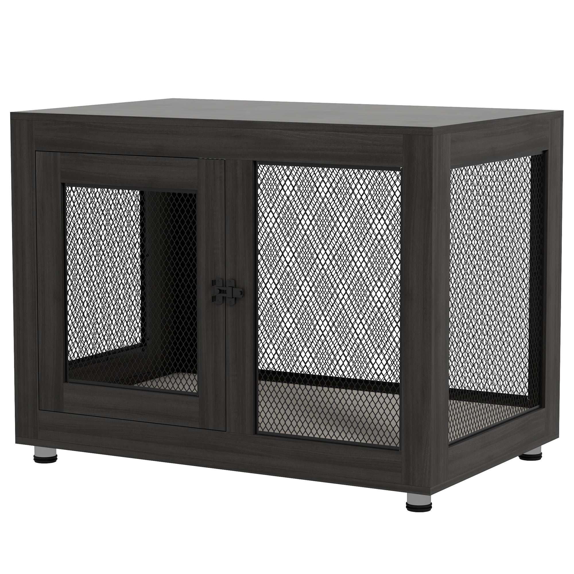 PawHut 37" Double-Door Dog Crate Furniture for Large Medium Dogs, Pet Crate End Table with Water-Resistant Cushion, Wooden Dog Cage Kennel Furniture for Indoor Use, Black