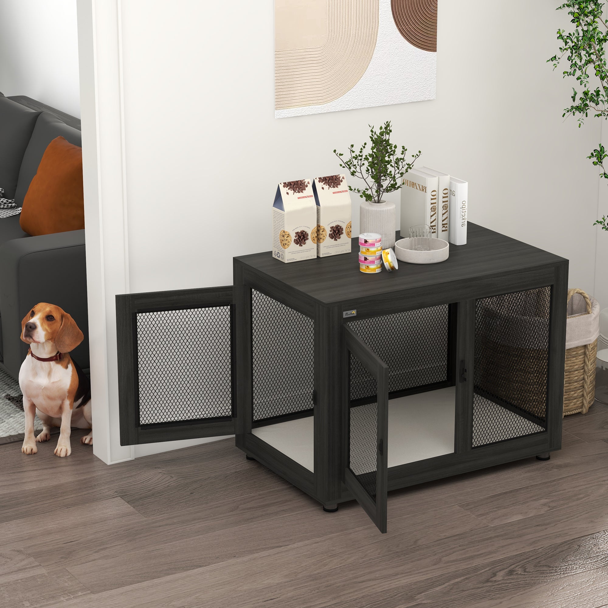 PawHut 37" Double-Door Dog Crate Furniture for Large Medium Dogs, Pet Crate End Table with Water-Resistant Cushion, Wooden Dog Cage Kennel Furniture for Indoor Use, Black