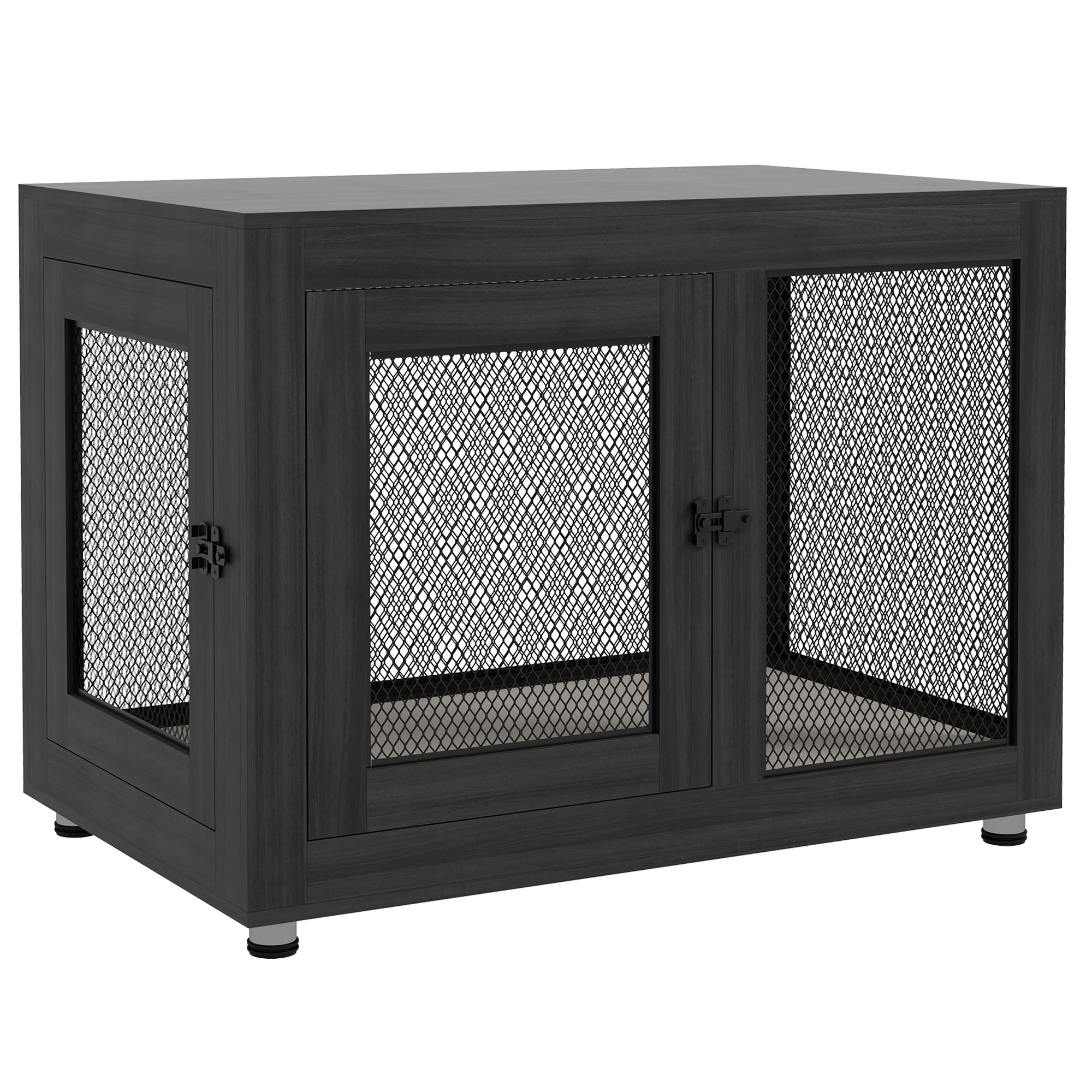 PawHut 37" Double-Door Dog Crate Furniture for Large Medium Dogs, Pet Crate End Table with Water-Resistant Cushion, Wooden Dog Cage Kennel Furniture for Indoor Use, Black