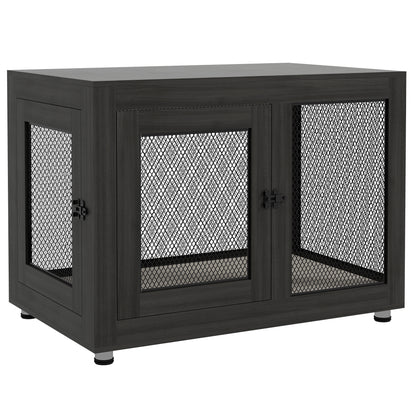 PawHut 37" Double-Door Dog Crate Furniture for Large Medium Dogs, Pet Crate End Table with Water-Resistant Cushion, Wooden Dog Cage Kennel Furniture for Indoor Use, Black