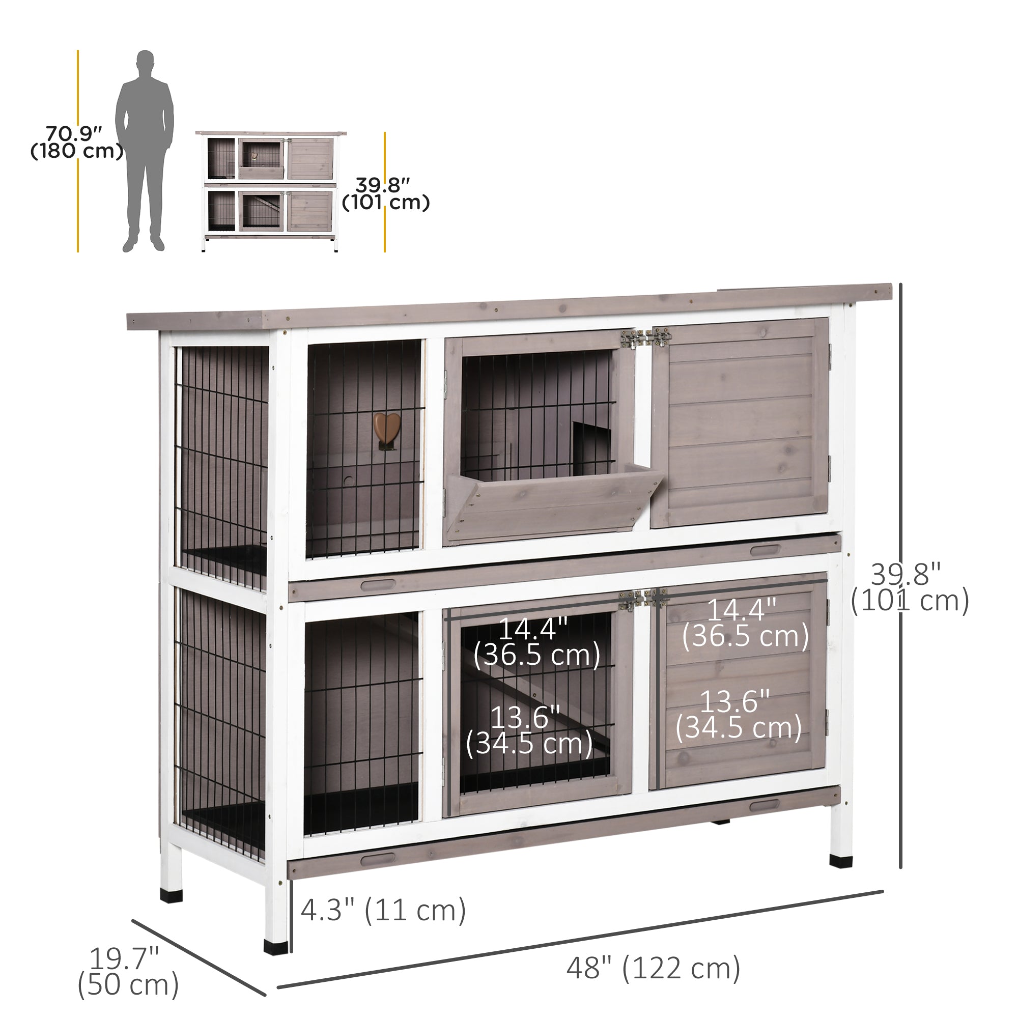 PawHut Rabbit Hutch, 2 Tier Guinea Pig Cage with Feeding, Removable Tray, Ramp, Doors for Indoor Outdoor Use, Brown