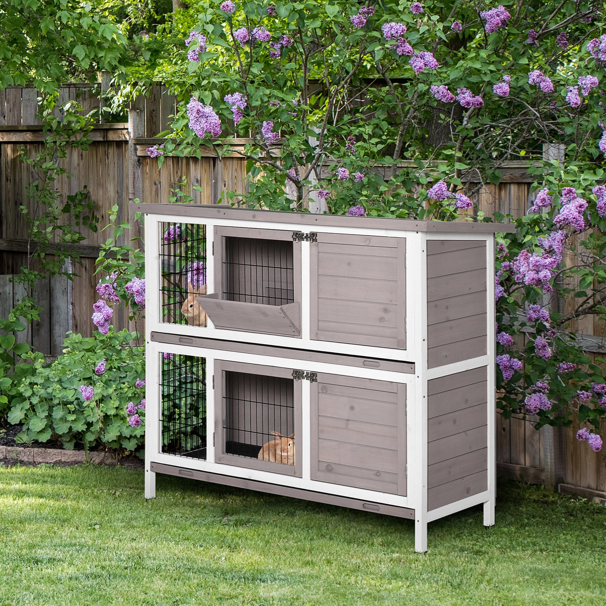 PawHut Rabbit Hutch, 2 Tier Guinea Pig Cage with Feeding, Removable Tray, Ramp, Doors for Indoor Outdoor Use, Brown
