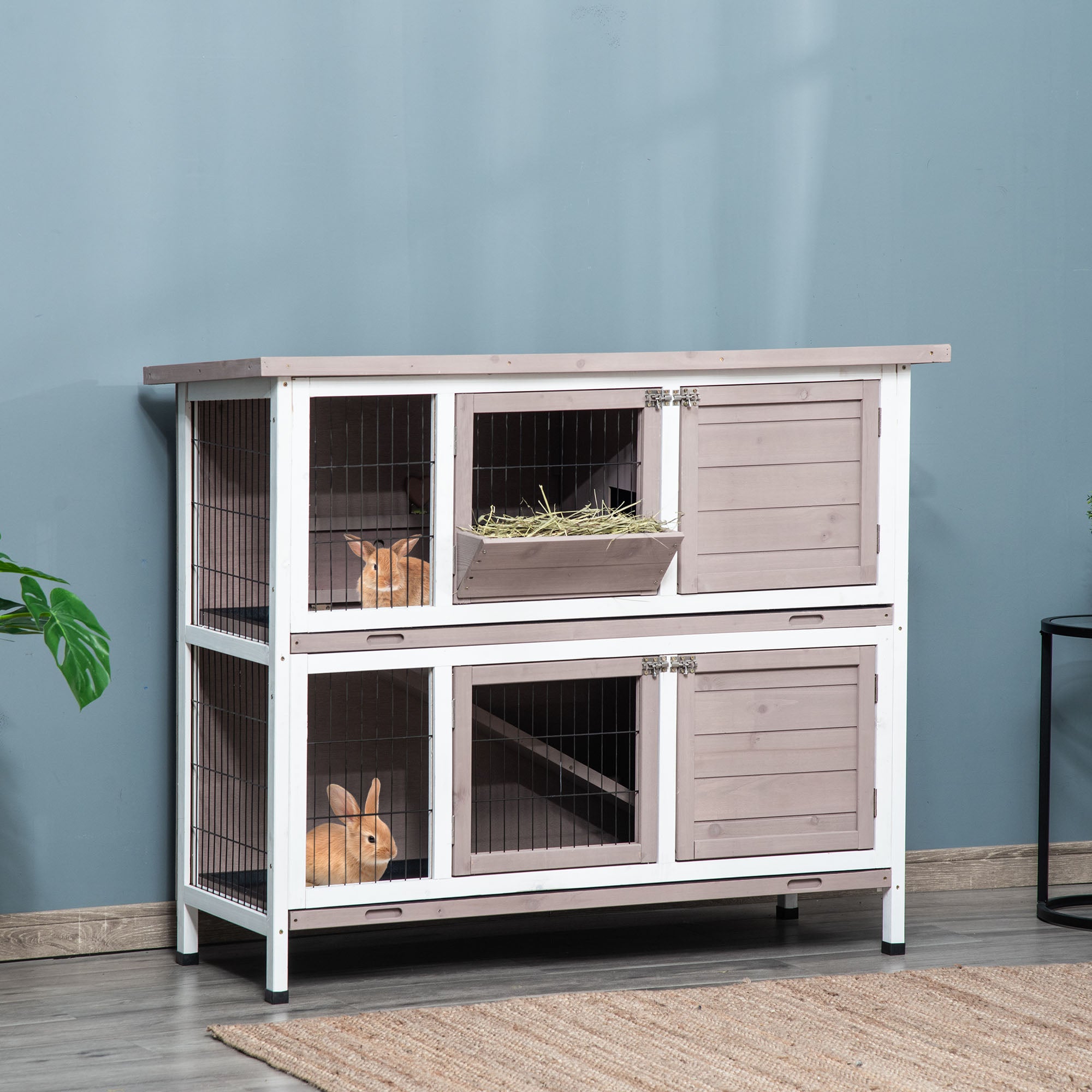 PawHut Rabbit Hutch, 2 Tier Guinea Pig Cage with Feeding, Removable Tray, Ramp, Doors for Indoor Outdoor Use, Brown