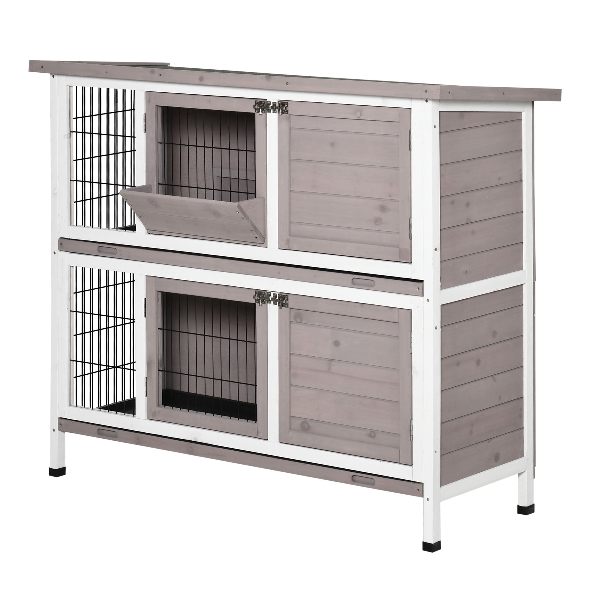 PawHut Rabbit Hutch, 2 Tier Guinea Pig Cage with Feeding, Removable Tray, Ramp, Doors for Indoor Outdoor Use, Brown