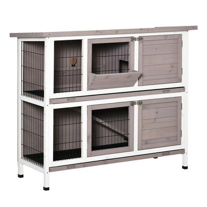 PawHut Rabbit Hutch, 2 Tier Guinea Pig Cage with Feeding, Removable Tray, Ramp, Doors for Indoor Outdoor Use, Brown
