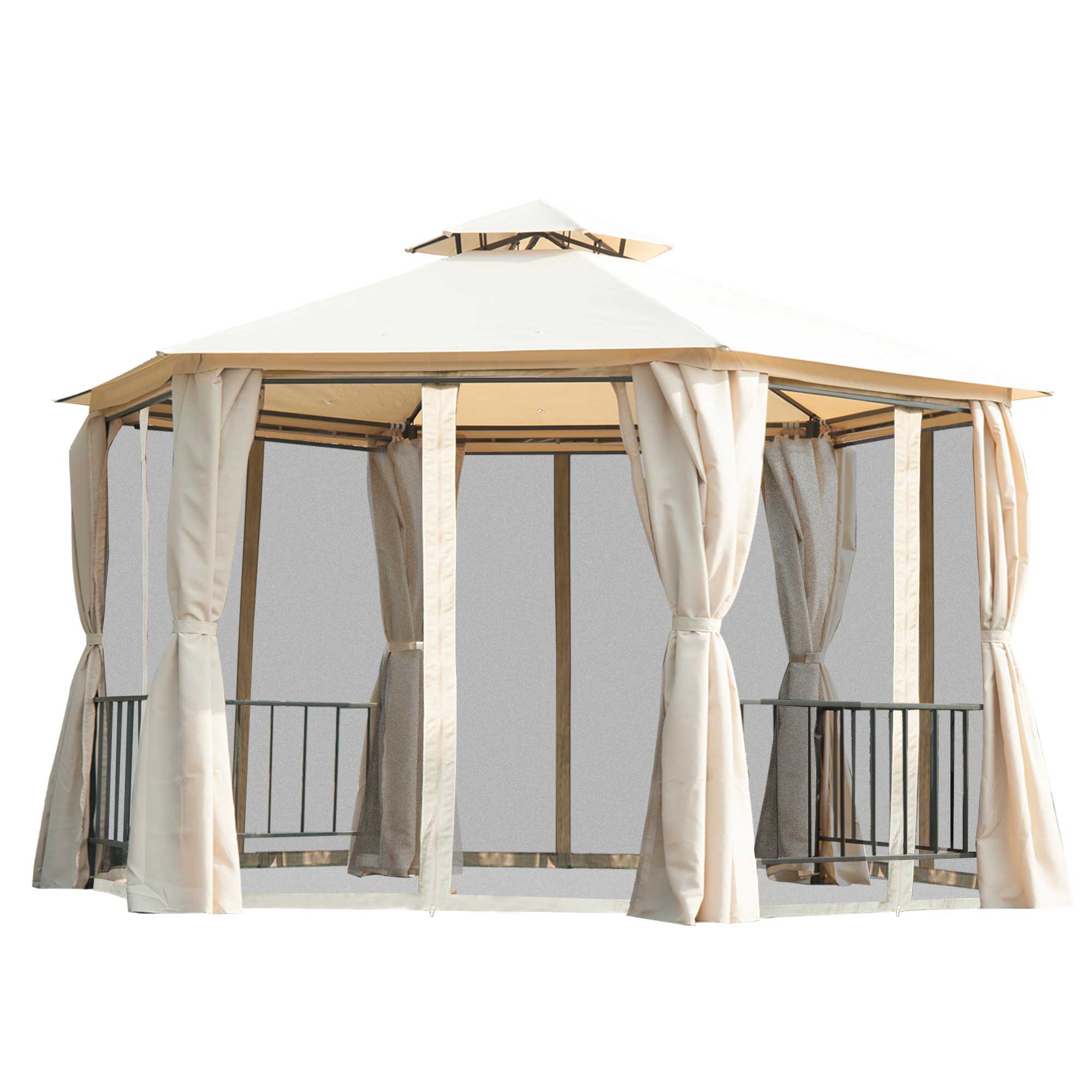 Outsunny 13ft Hexagon Gazebo Outdoor Canopy Shelter with Netting and Shaded Curtains Beige