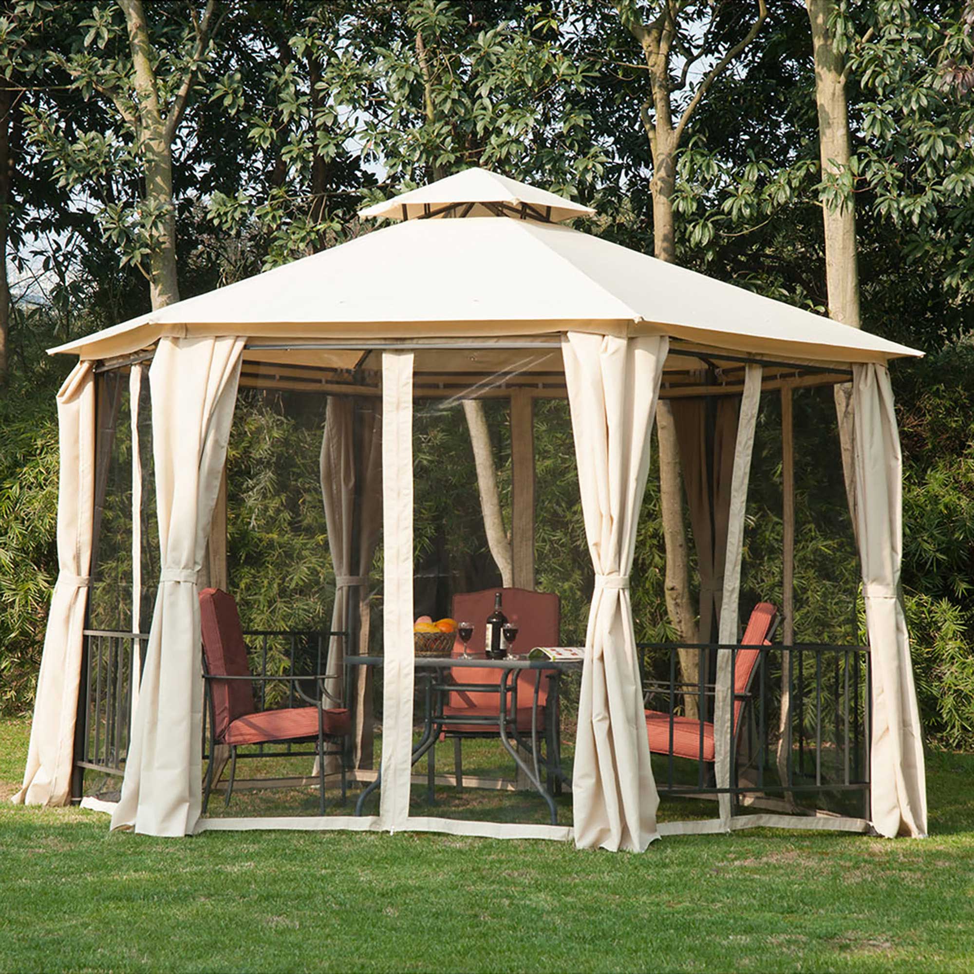 Outsunny 13ft Hexagon Gazebo Outdoor Canopy Shelter with Netting and Shaded Curtains Beige