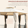 Outsunny 13ft Hexagon Gazebo Outdoor Canopy Shelter with Netting and Shaded Curtains Beige