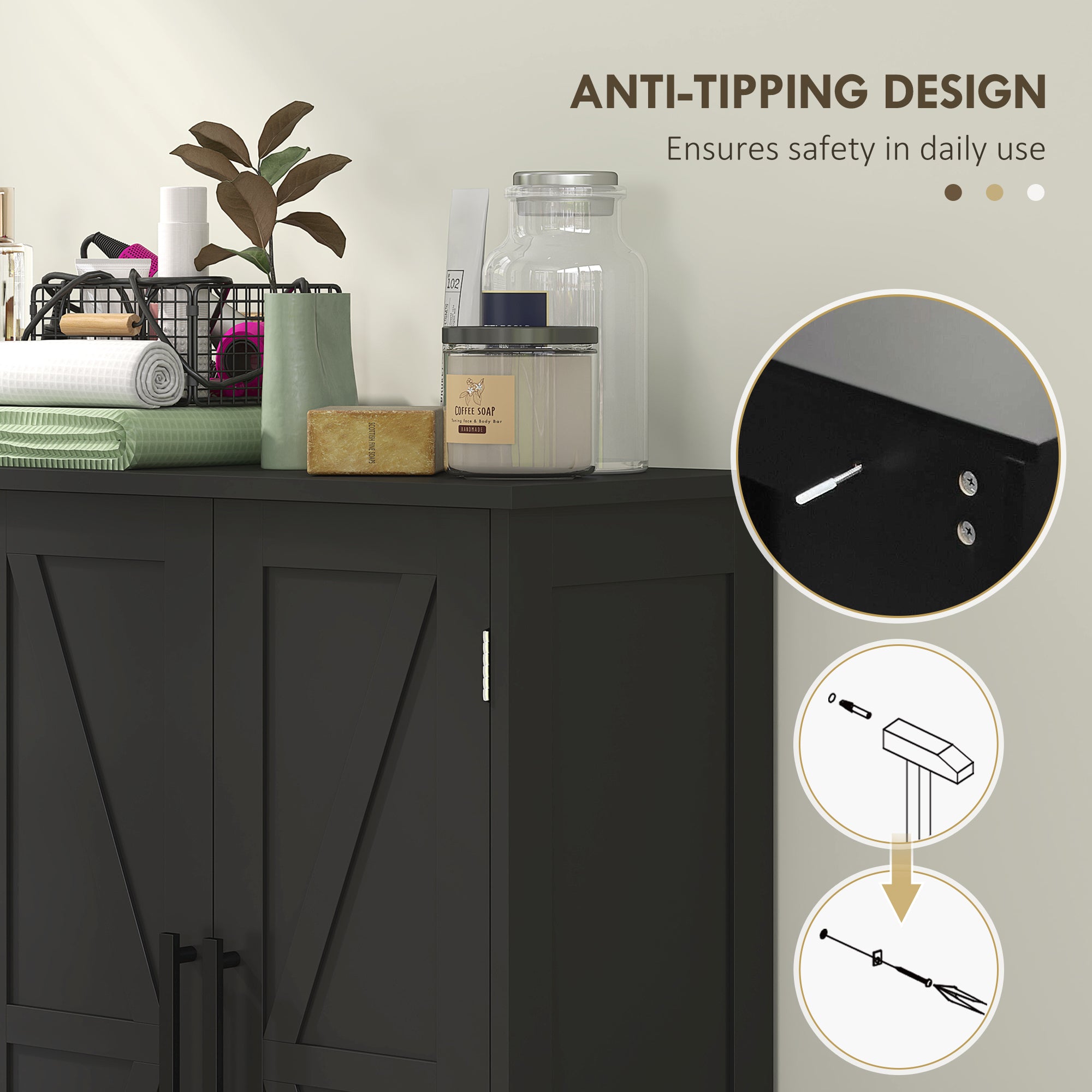 HOMCOM Bathroom Floor Cabinet, Farmhouse Bathroom Storage Cabinet with Barn Doors and Adjustable Shelf, Black