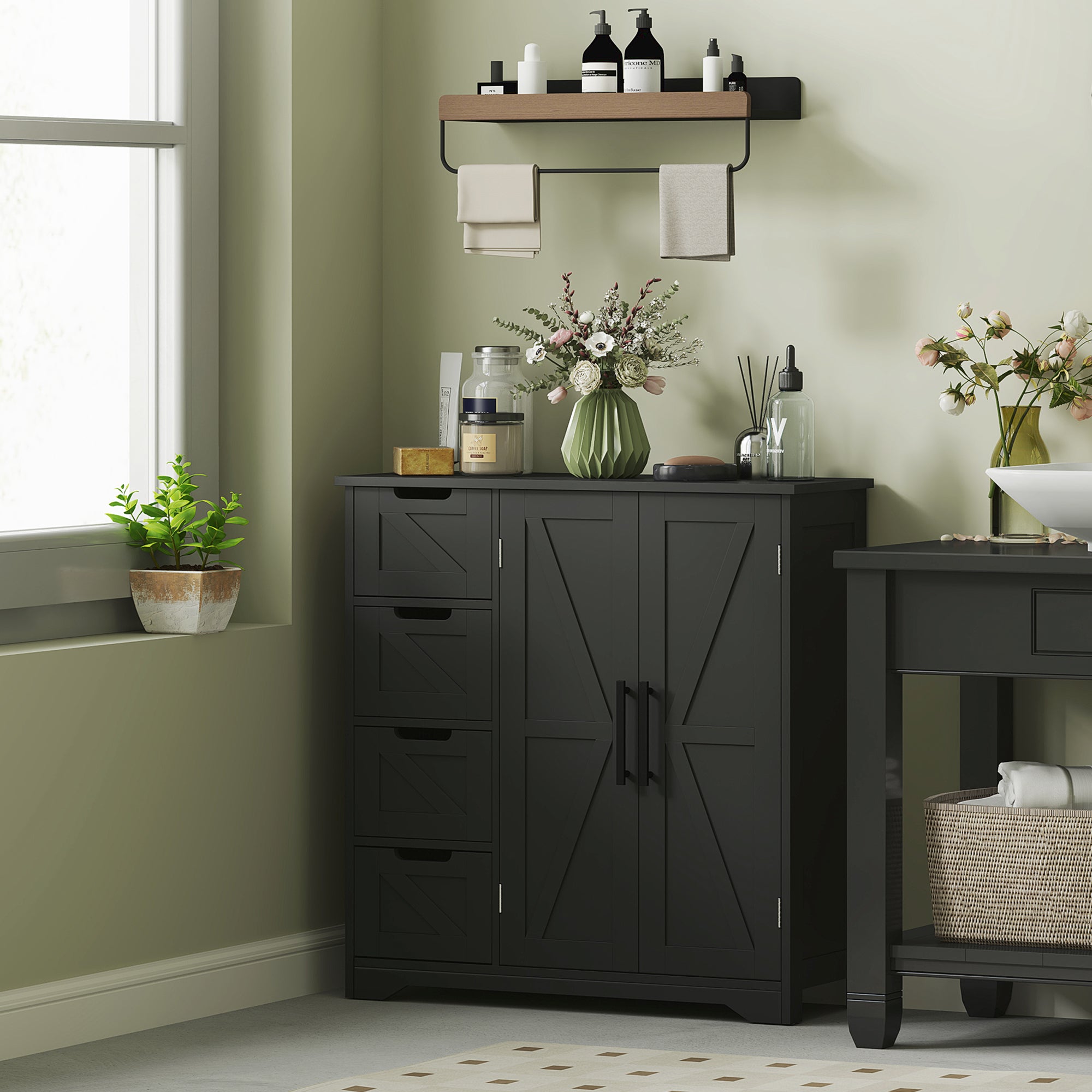 HOMCOM Bathroom Floor Cabinet, Farmhouse Bathroom Storage Cabinet with Barn Doors and Adjustable Shelf, Black