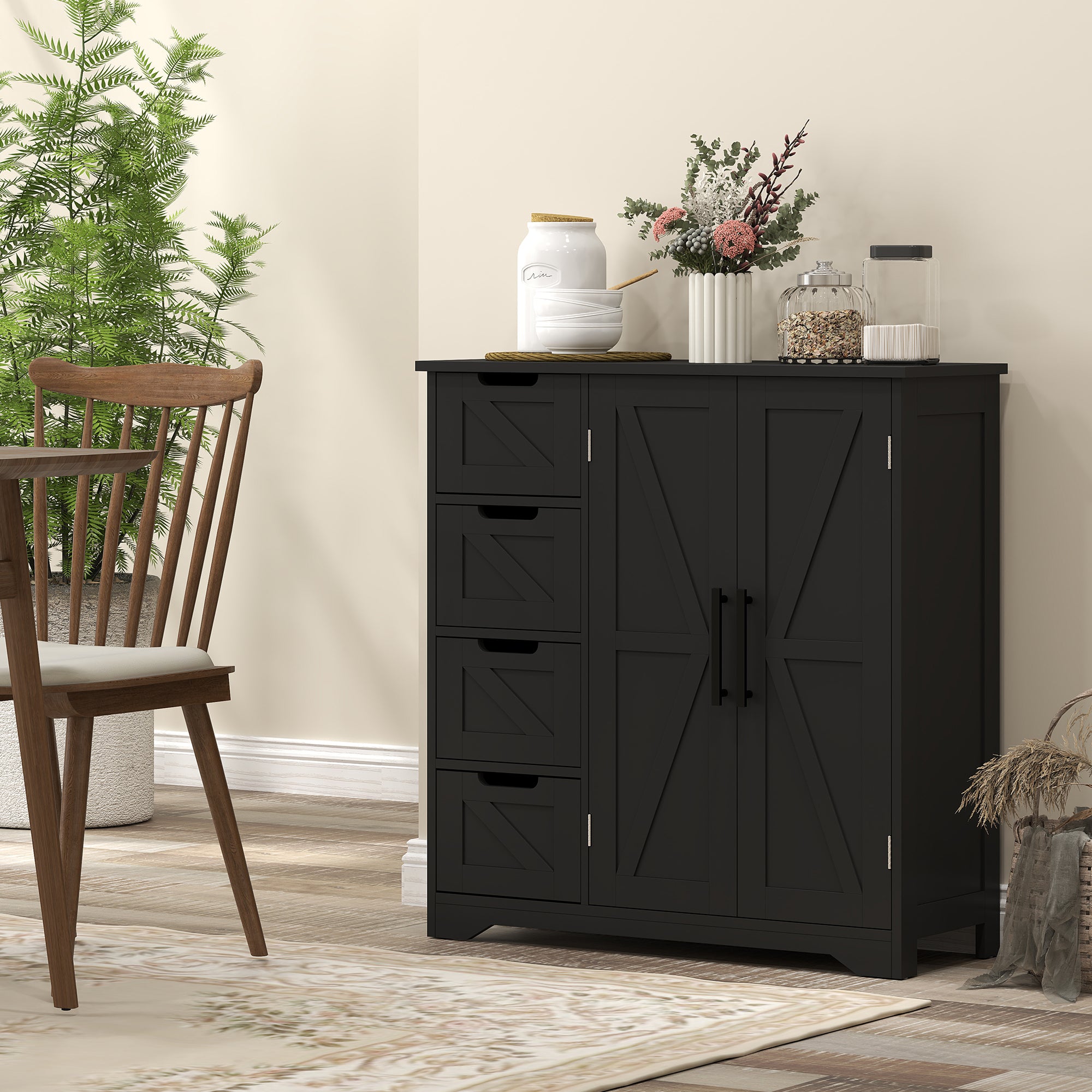 HOMCOM Bathroom Floor Cabinet, Farmhouse Bathroom Storage Cabinet with Barn Doors and Adjustable Shelf, Black
