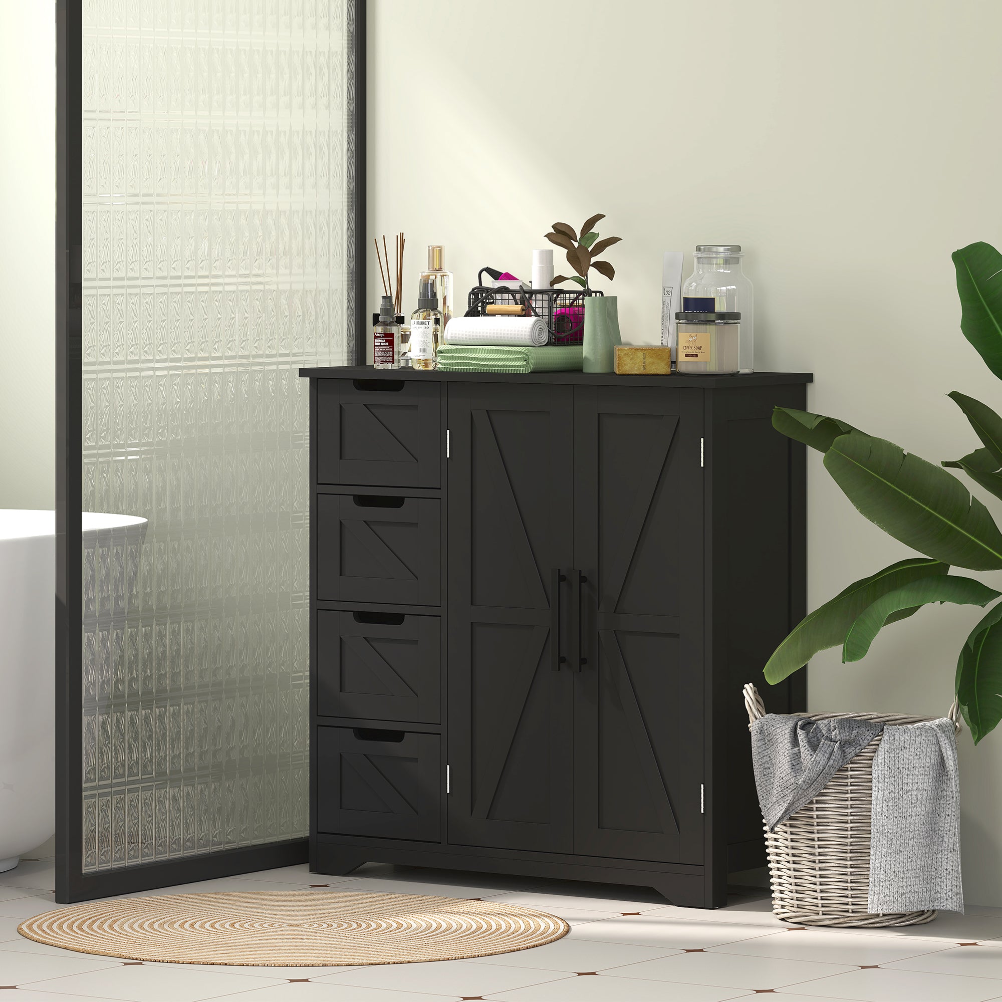 HOMCOM Bathroom Floor Cabinet, Farmhouse Bathroom Storage Cabinet with Barn Doors and Adjustable Shelf, Black