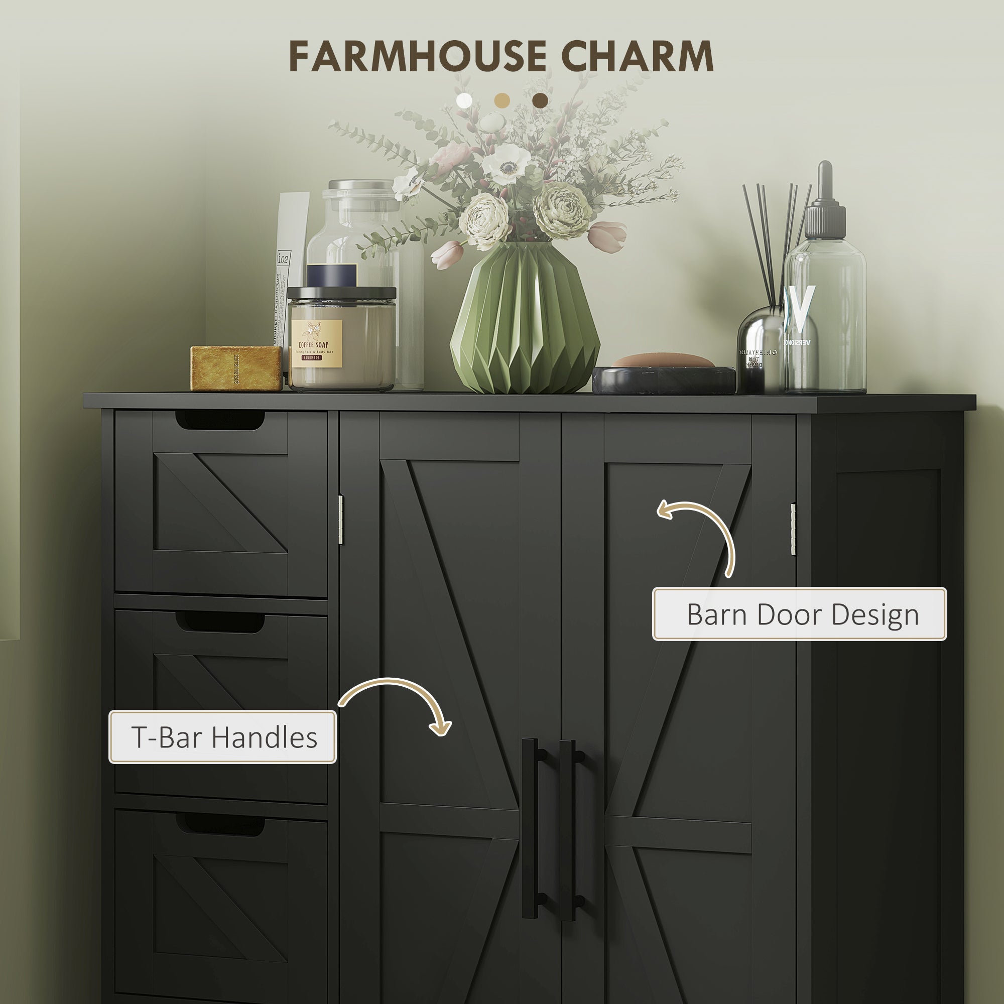 HOMCOM Bathroom Floor Cabinet, Farmhouse Bathroom Storage Cabinet with Barn Doors and Adjustable Shelf, Black